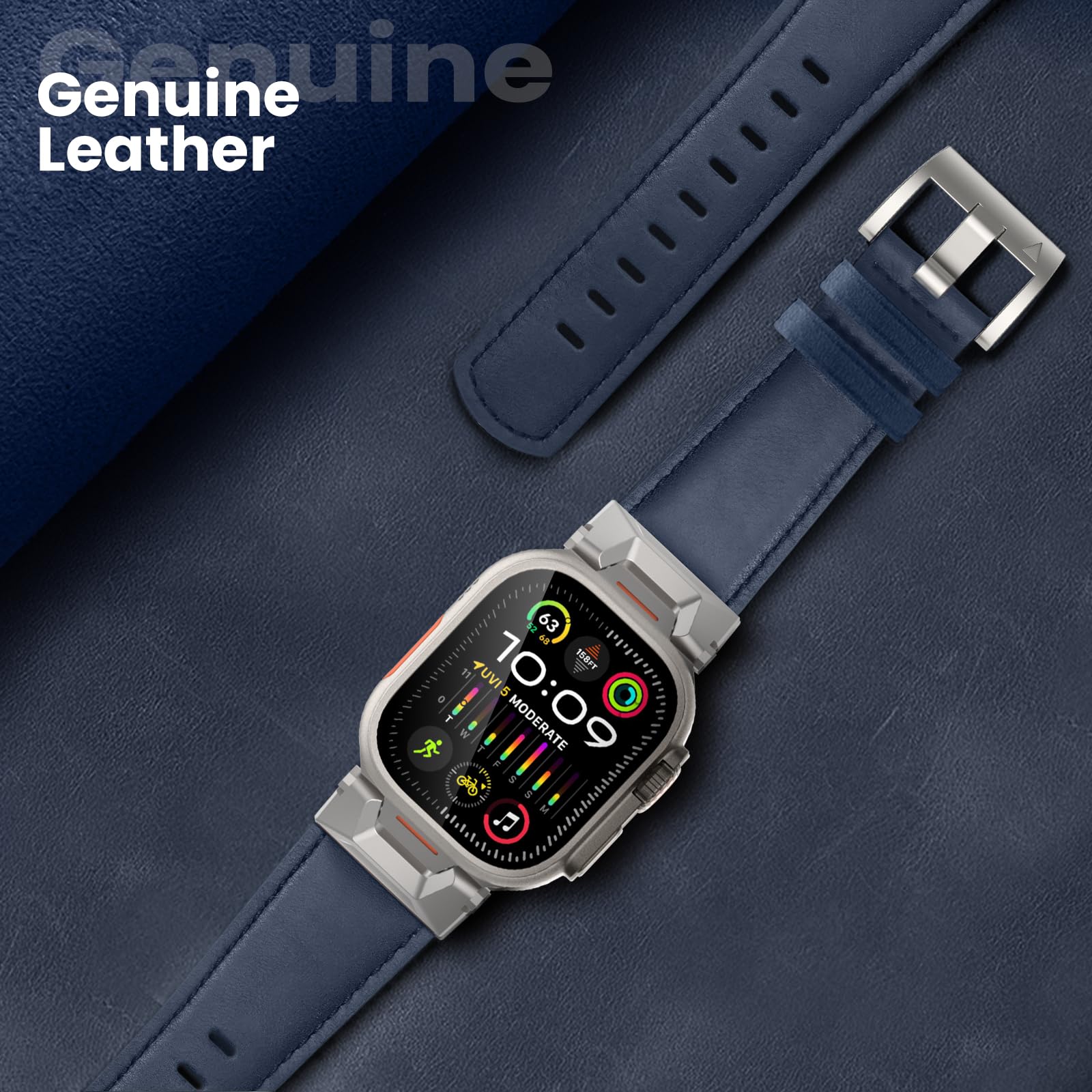 Bouixel Genuine Leather Strap Compatible for Apple Watch Ultra 3 Straps 49mm 46mm 45mm 44mm 42mm,Men Rugged Band with Metal Connector for iWatch Ultra Series 11 10 9 8 7 6 5 4 3 2 1 SE - Image 4