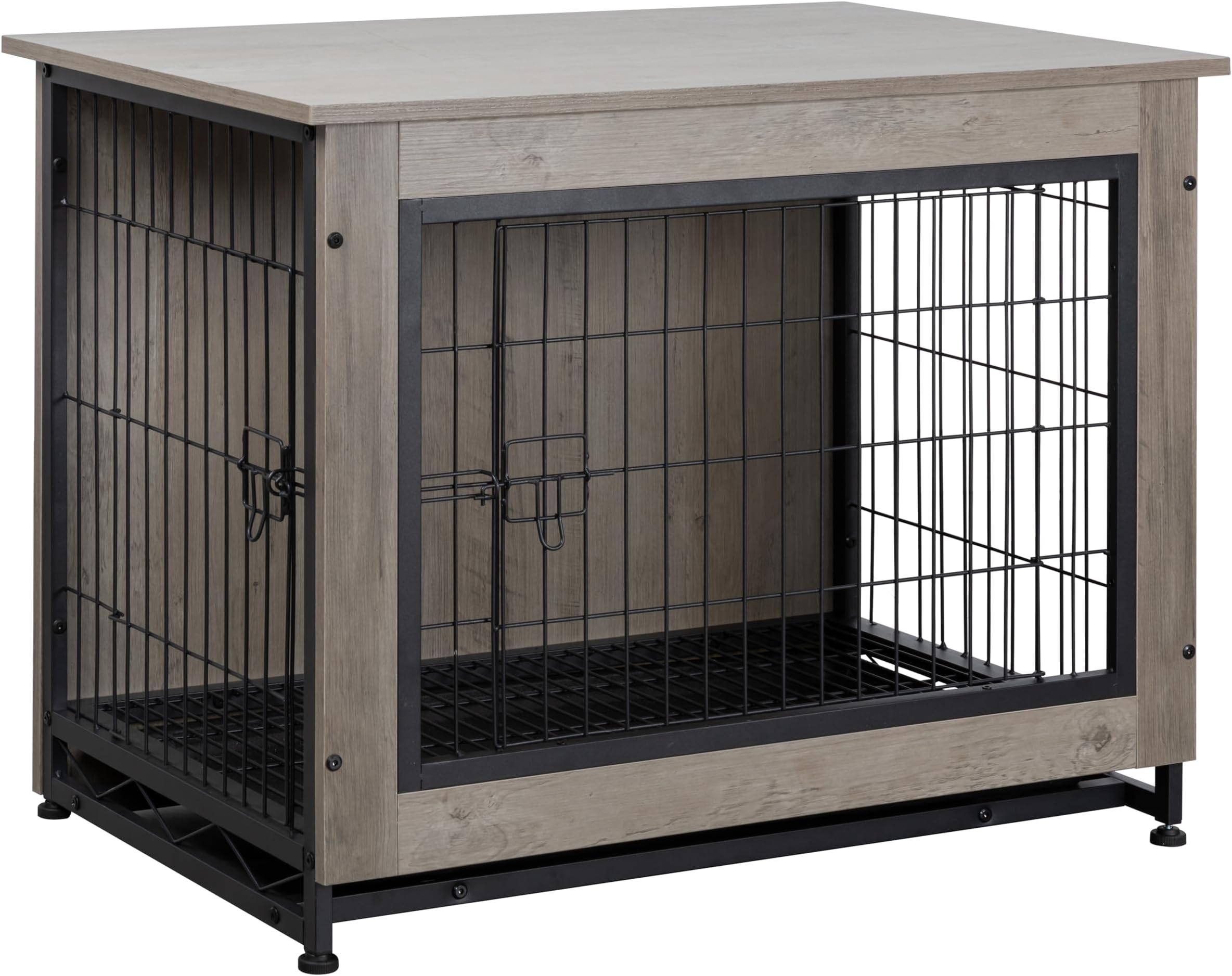 Shintenchi Wooden Dog Crate Furniture, Double-Doors Kennel Indoor with Removable Tray, End Table Dog Crate for Decoration, 32" L*22" W*25" H, Grey