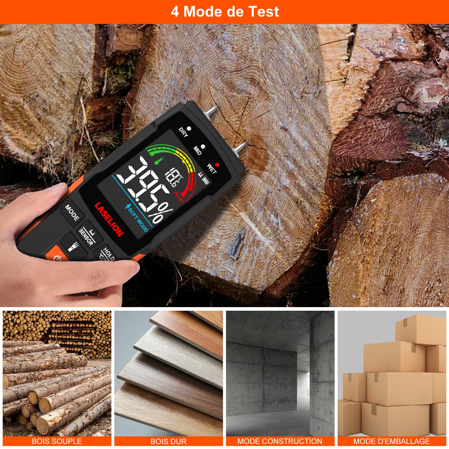 LASELION Testeur Humidité Mural Pin & Pinless 2 en 1 Détecteur d'humidité avec Grand Écran Rétro-éclairé pour le Bois, les Bâtiments, et l'emballage MS03