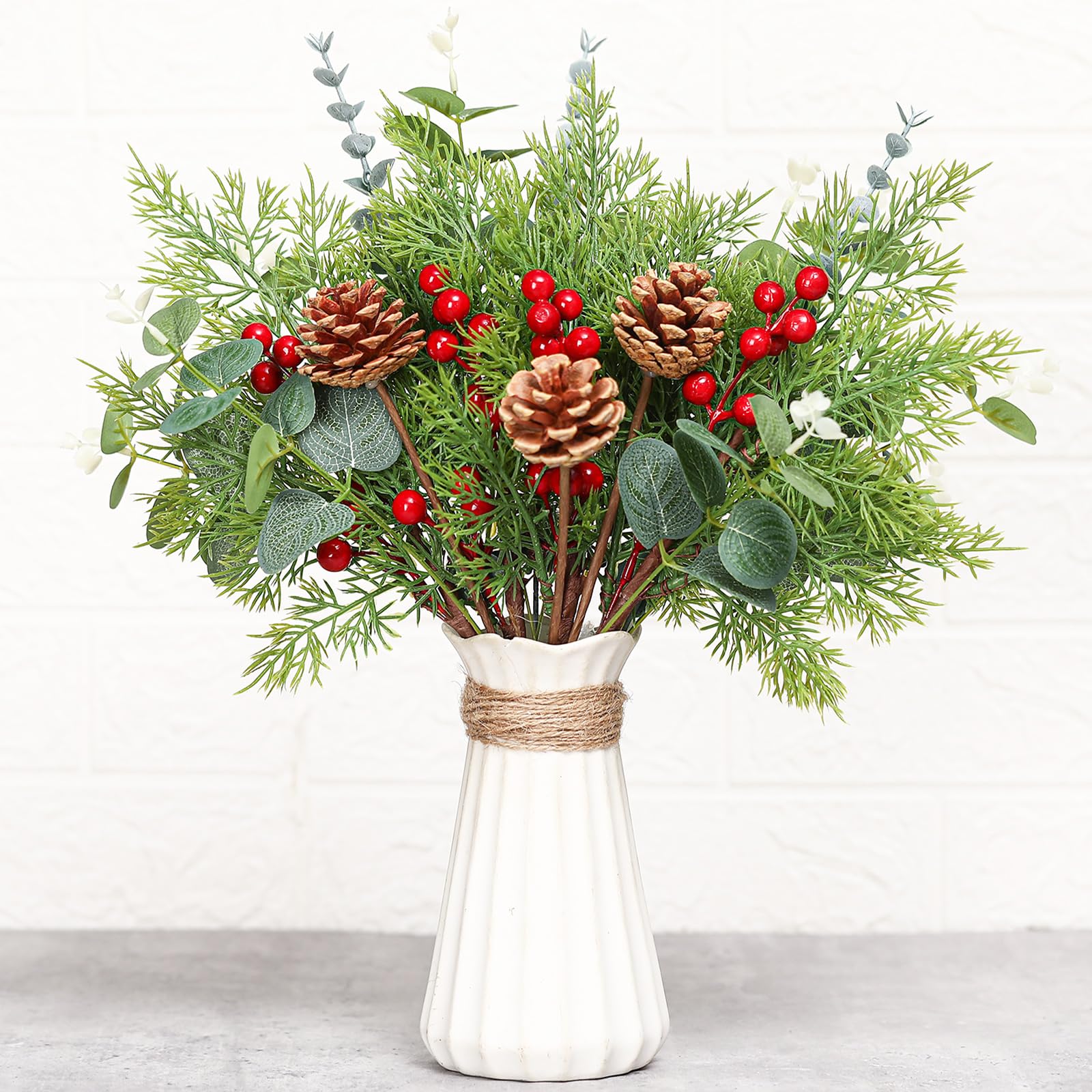 Künstliche Weihnachtsstiele, künstliche Tannenzweige gemischte Weihnachtszedernnadeln, Zapfen, Eukalyptusblätter, rote Beerenstiele für Weihnachten, Zuhause, Vase, Tischdekoration, 20 Stück
