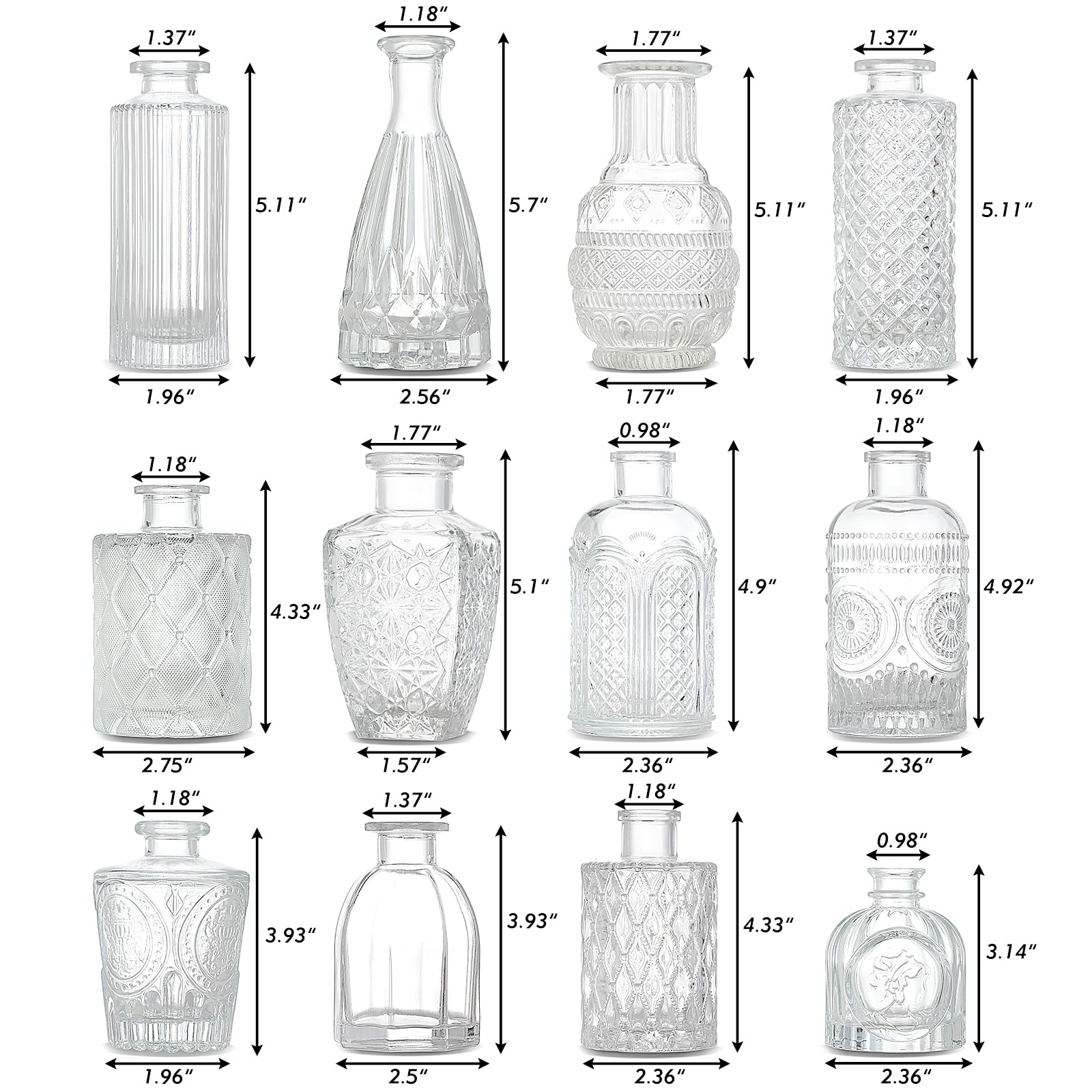 CUCUMI Set di 12 vasi in vetro, piccoli vasi per centrotavola, vasi per fiori sfusi per decorazioni rustiche per matrimoni, casa, tavoli