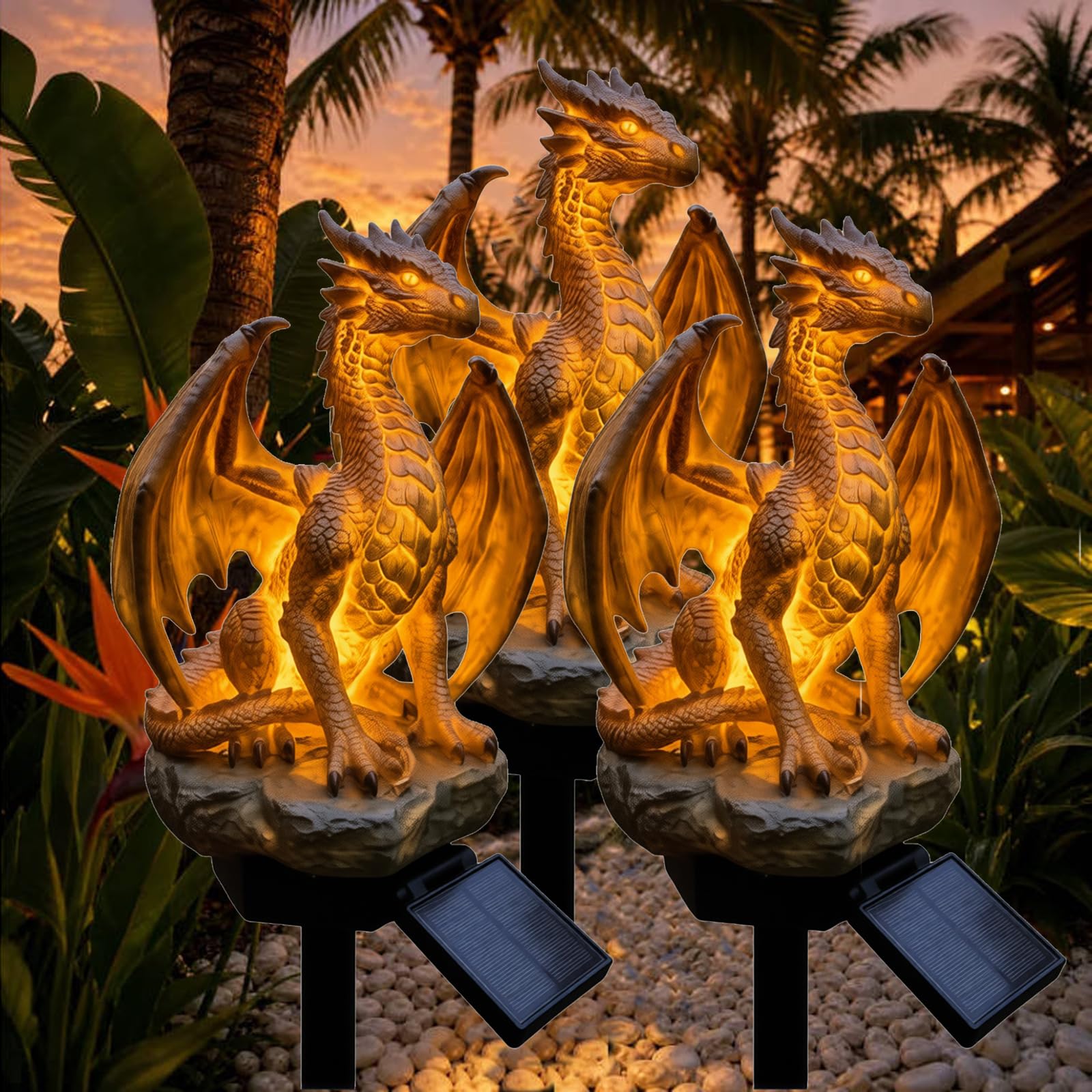 Quirky Dragon Solar Garden Stake Light, Weather Resistant Resin Outdoor Ground Insert Lamp, Funny Dragon Figurine Decorative Landscape Light for Yard Lawn Patio Halloween Decor (3PCS)