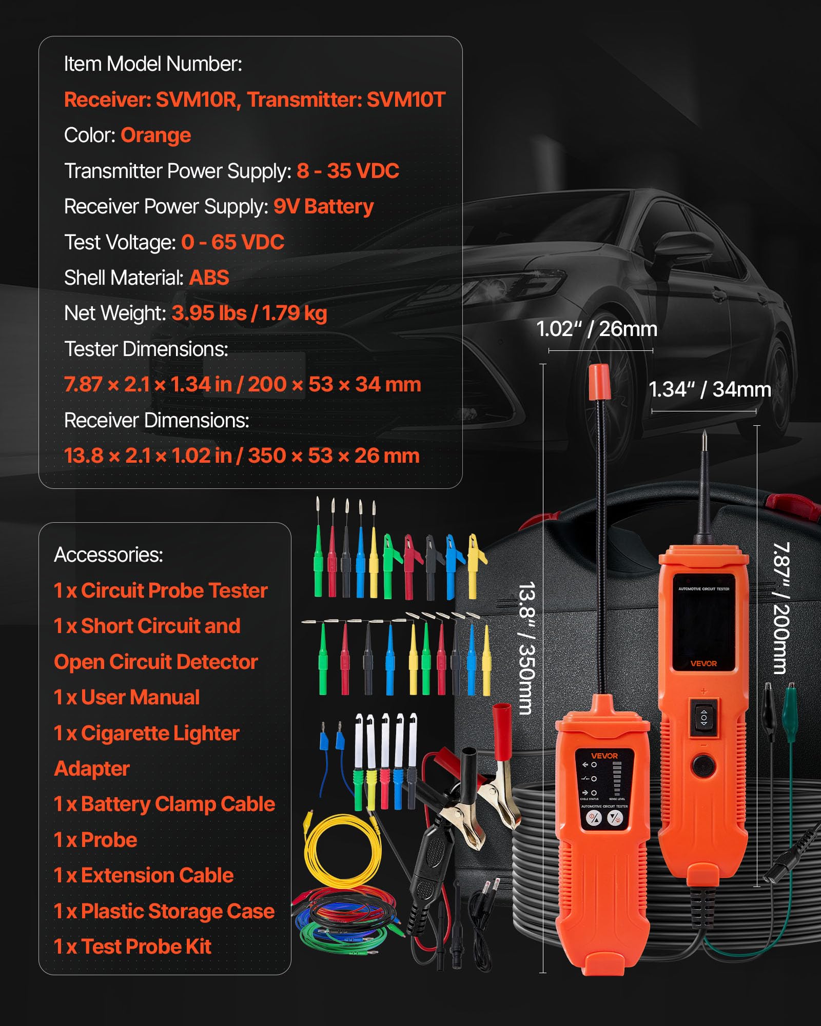 VEVOR Tester Elettrico per Circuiti Automobilistici, Tester di Tensione CC 8-35V con Cavo da 6 m, Display a Colori TFT Illuminazione, Test di Polarità, Continuità, Tracciamento di Linee, Diodo