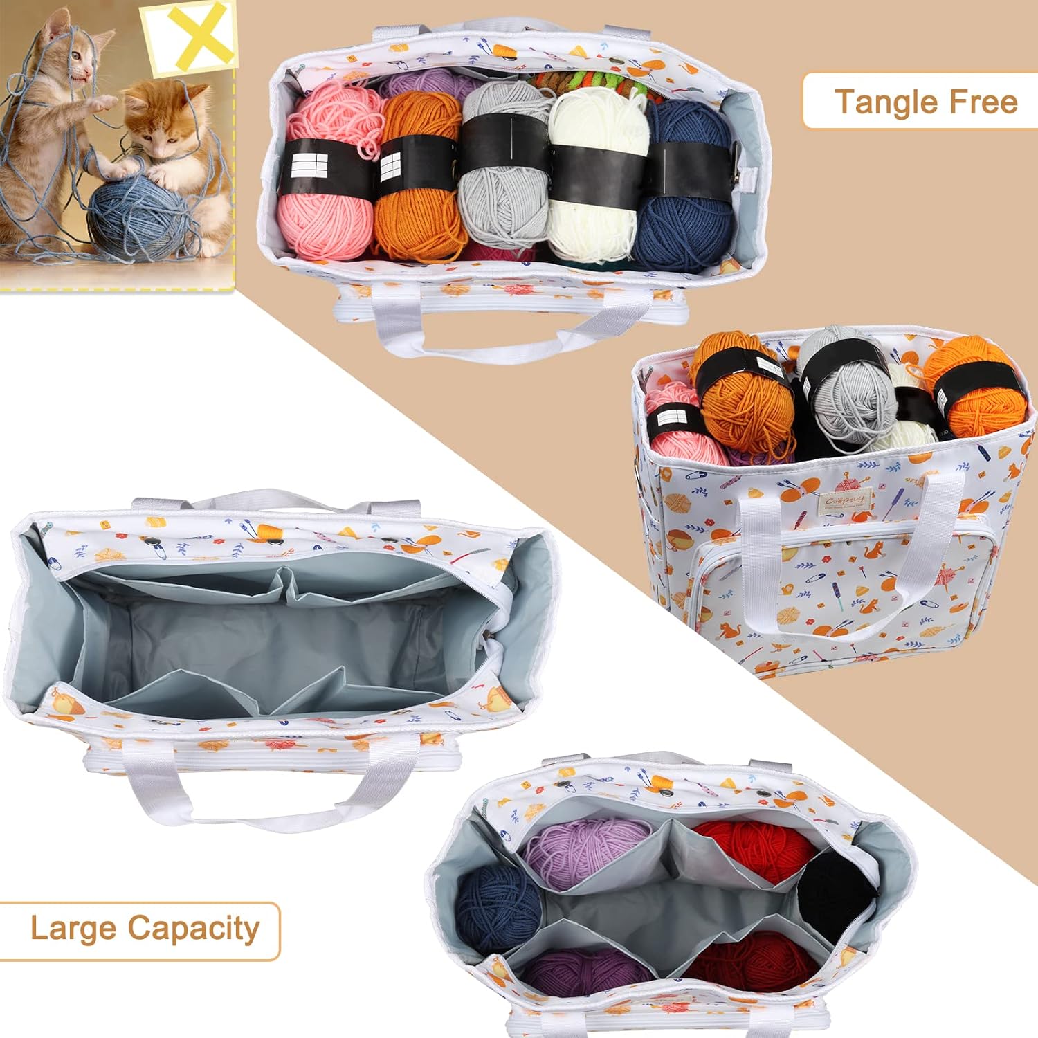 Coopay Knitting Wool Storage Bag,Hand Knitting Organizer Tote Bag,Knitting Bags for Crochet Hooks, Knitting Needles, Yarn Ball and Knitting Accessories, white, 38 cm x 32 cm x 15 cm, Modern