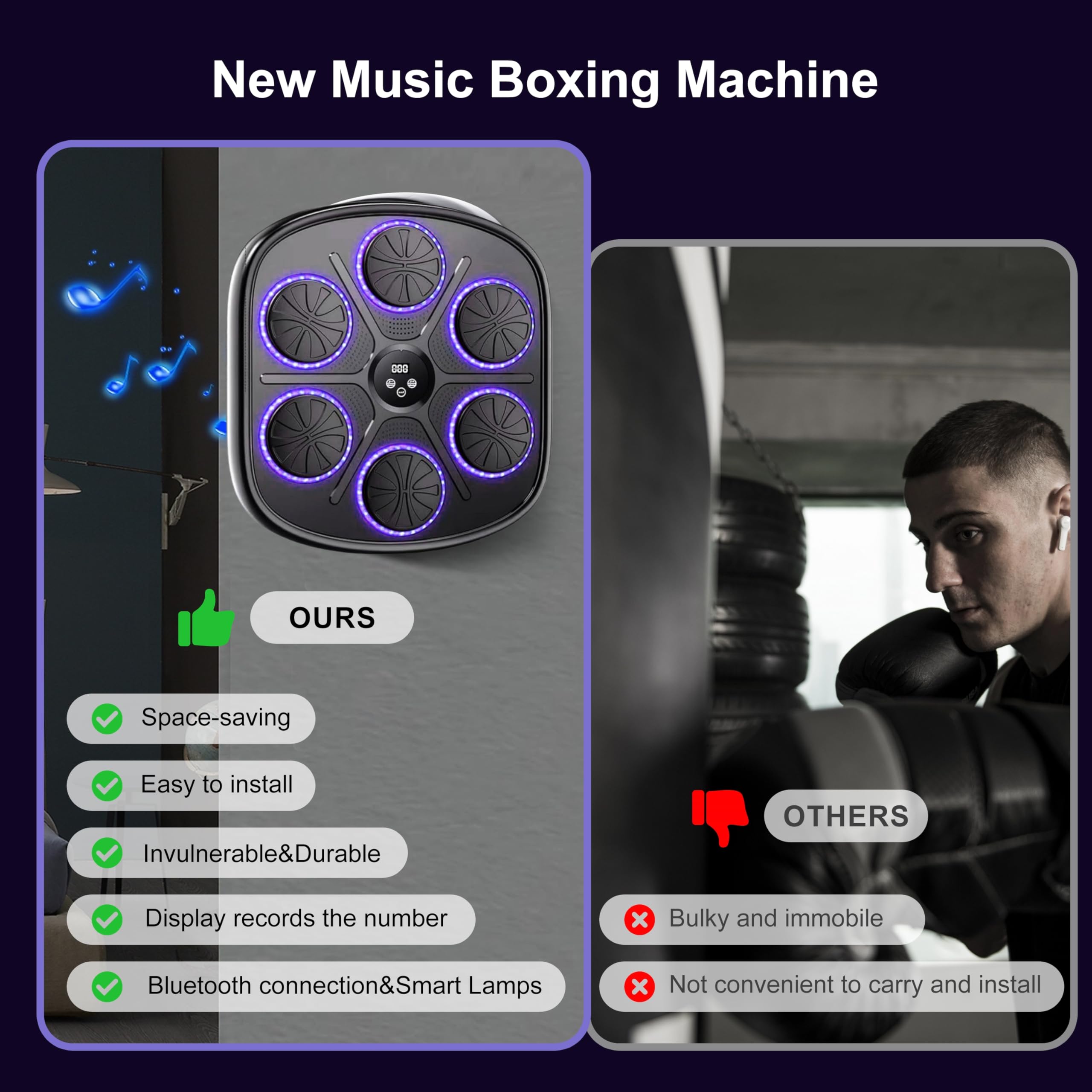 Macchina da Boxe Musicale,Supporta Bluetooth, Intelligente Elettronica Boxing Machine Montata a Parete con Luce LED