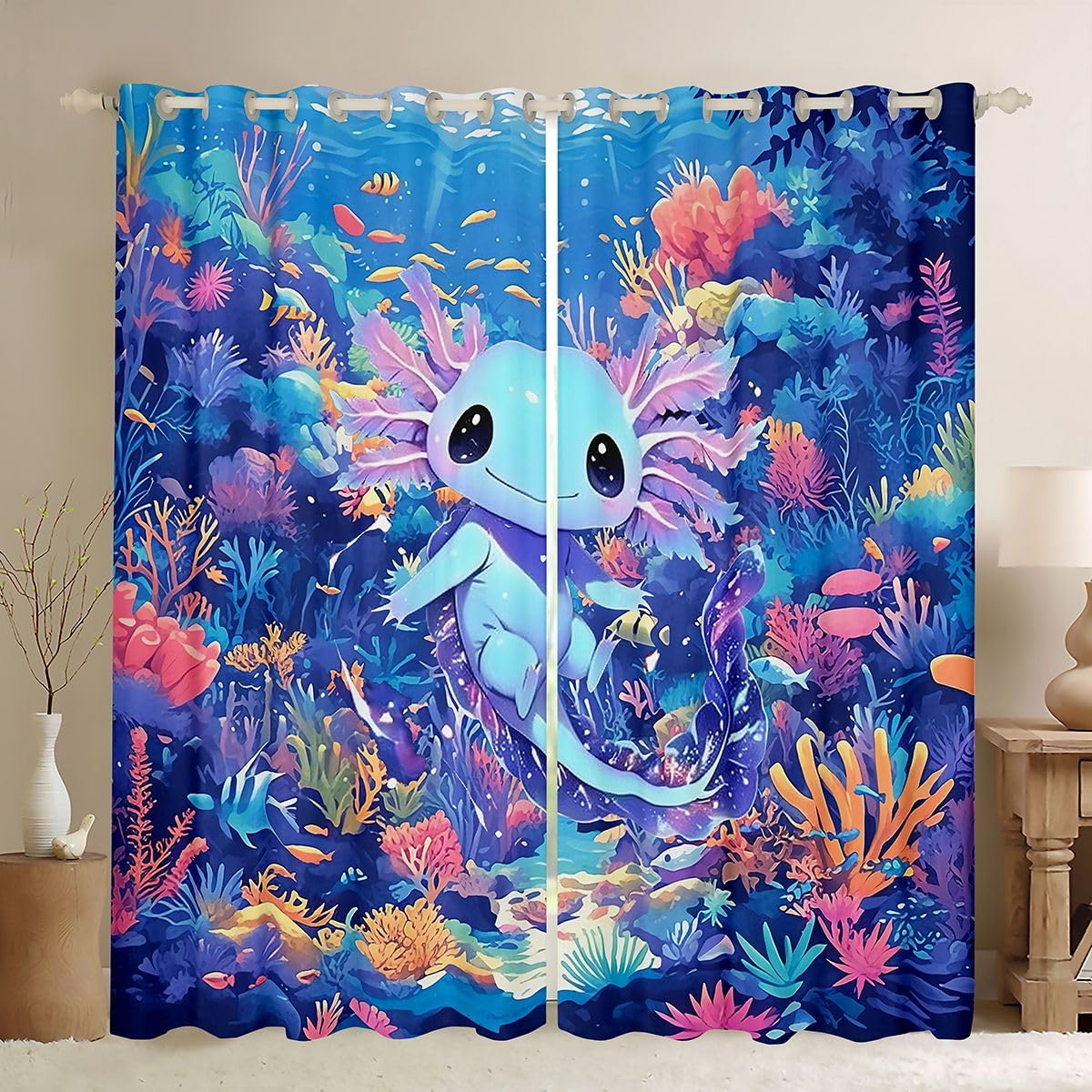 Homemissing Tende oscuranti Axolotl blu con motivo animali marini, tende oscuranti per camera da letto, decorazione per camera da letto, stile cartone animato, oceano e vita marina, isolamento termico