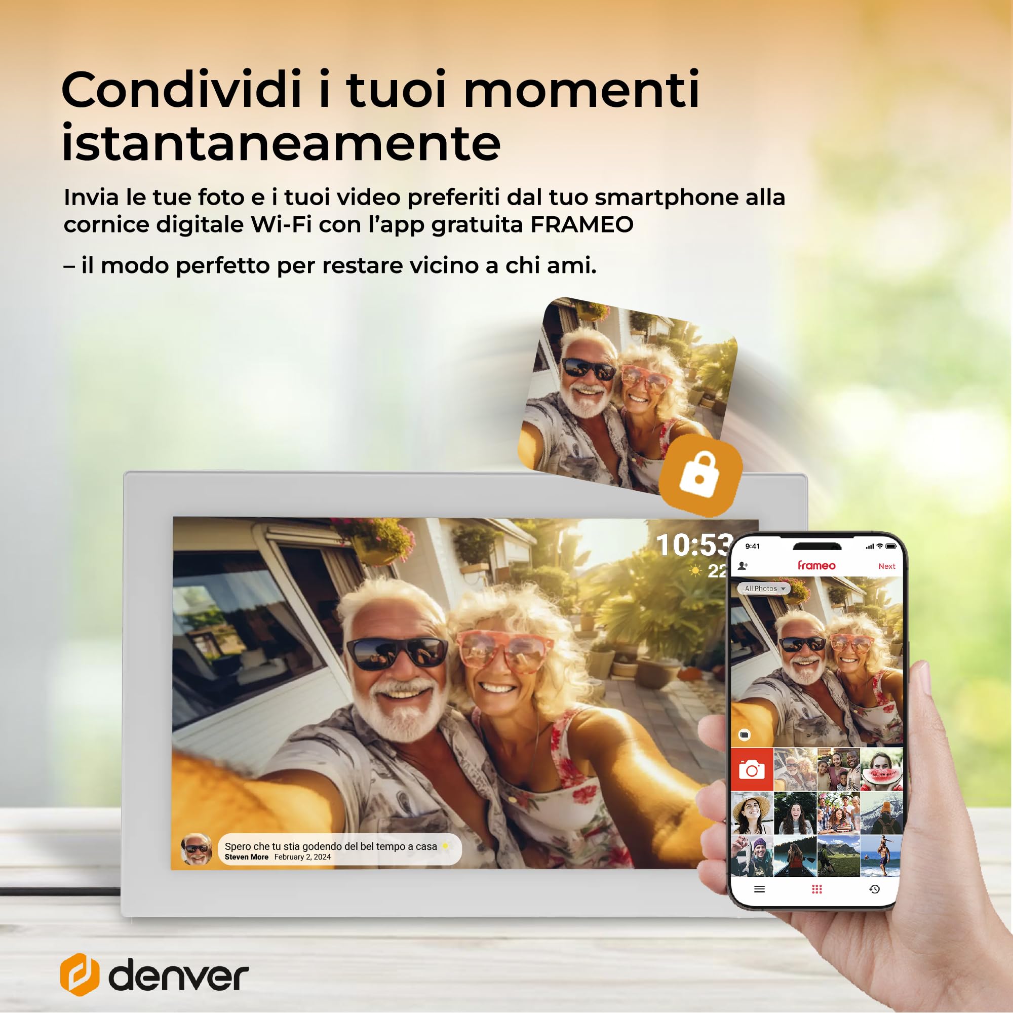 Cornice Digitale 10 Pollici WiFi – Schermo IPS HD 1280x800 – Portafoto Digitale Frameo Denver per Foto e Video – Cornice Elettronica Touchscreen Smart – 16GB Memoria – Slot microSD – Bianca