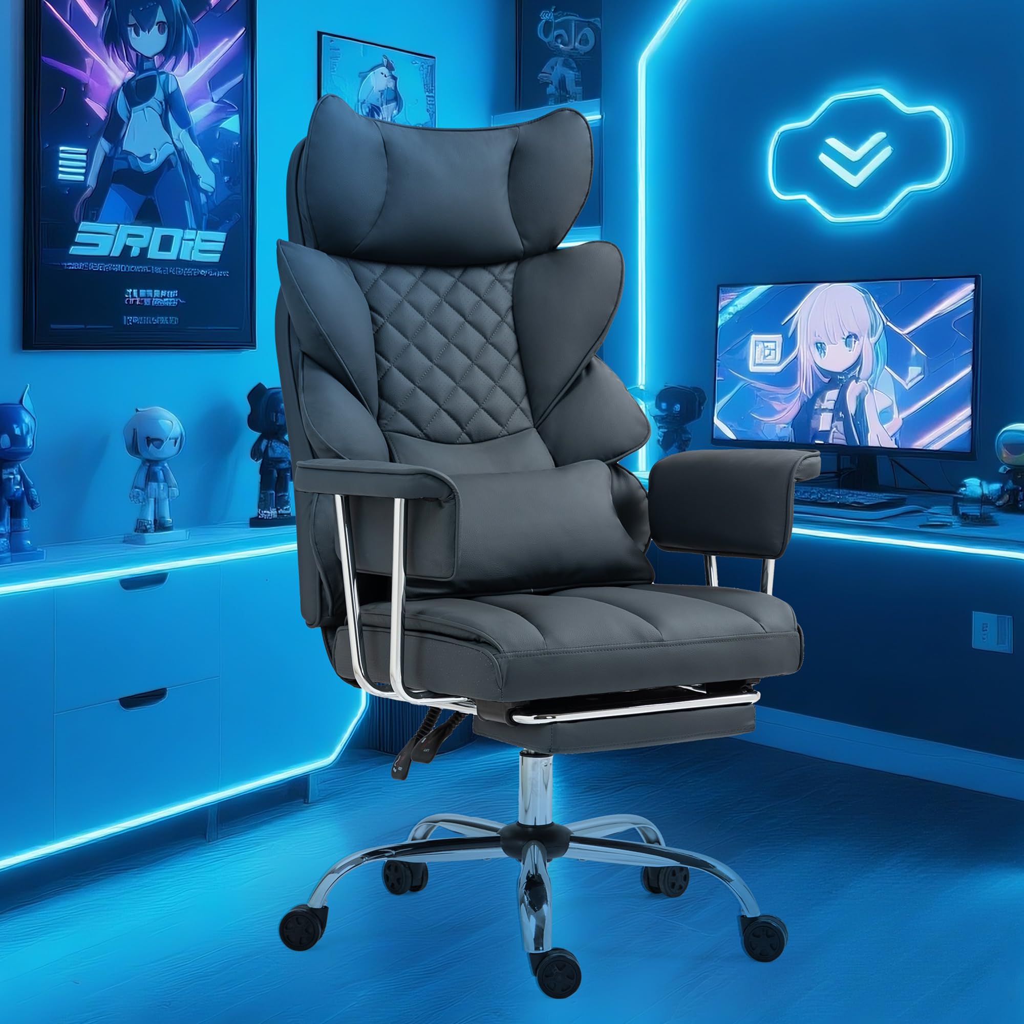 Sedia da Ufficio con Poggiapiedi - Sedia Ergonomica per Gaming e Dirigenti, con Rotazione a 360°, Schienale Regolabile da 90°-135° e Braccioli Morbidi per il Massimo Comfort (Nero)