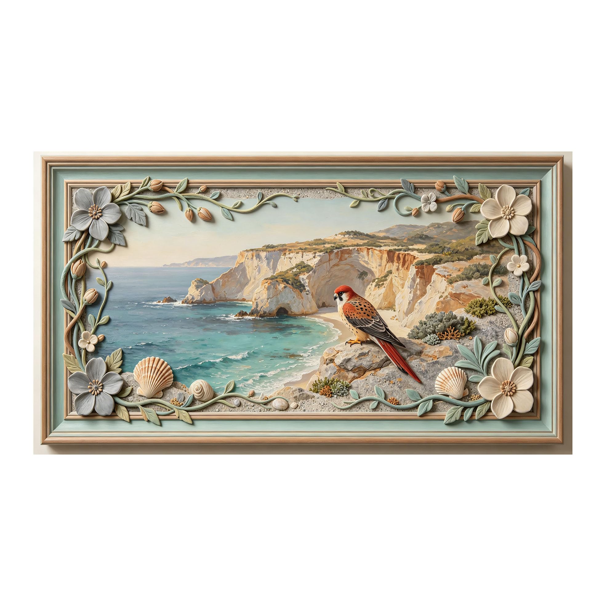 Yzpallescene 3D 3D Framed Wall Art 50cm×90cm Coastal Seascape Cliff Ocean Bird Oil Painting Large Size SelfAdhesive Removable Wall Decor Prints Artwork for Living Room Bedroom Office