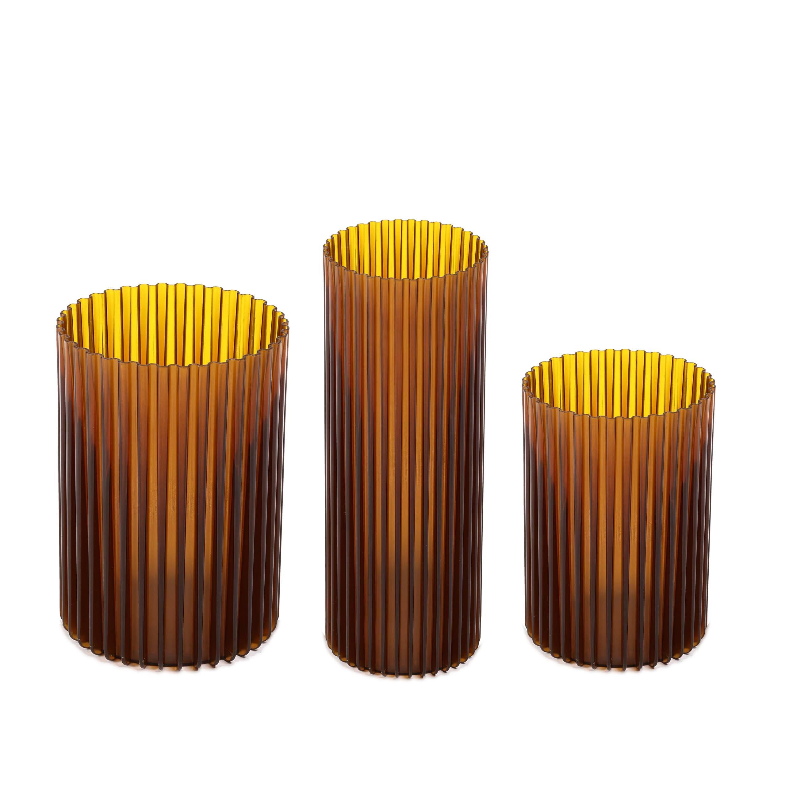 3 Pieces/Set, Modern Ribbed Design Plastic vases, Home Decorative Flower vase, Multipurpose vase set, flower pot kitchen and office table, Transparent Flower Vases for Bouquet (Warm-Amber)