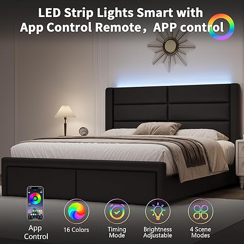 Miniatura 3 de Base de cama Queen con cabecero tapizado y luces LED, moderno marco de cama de piel sintética con soporte de listones de madera y base de colchón