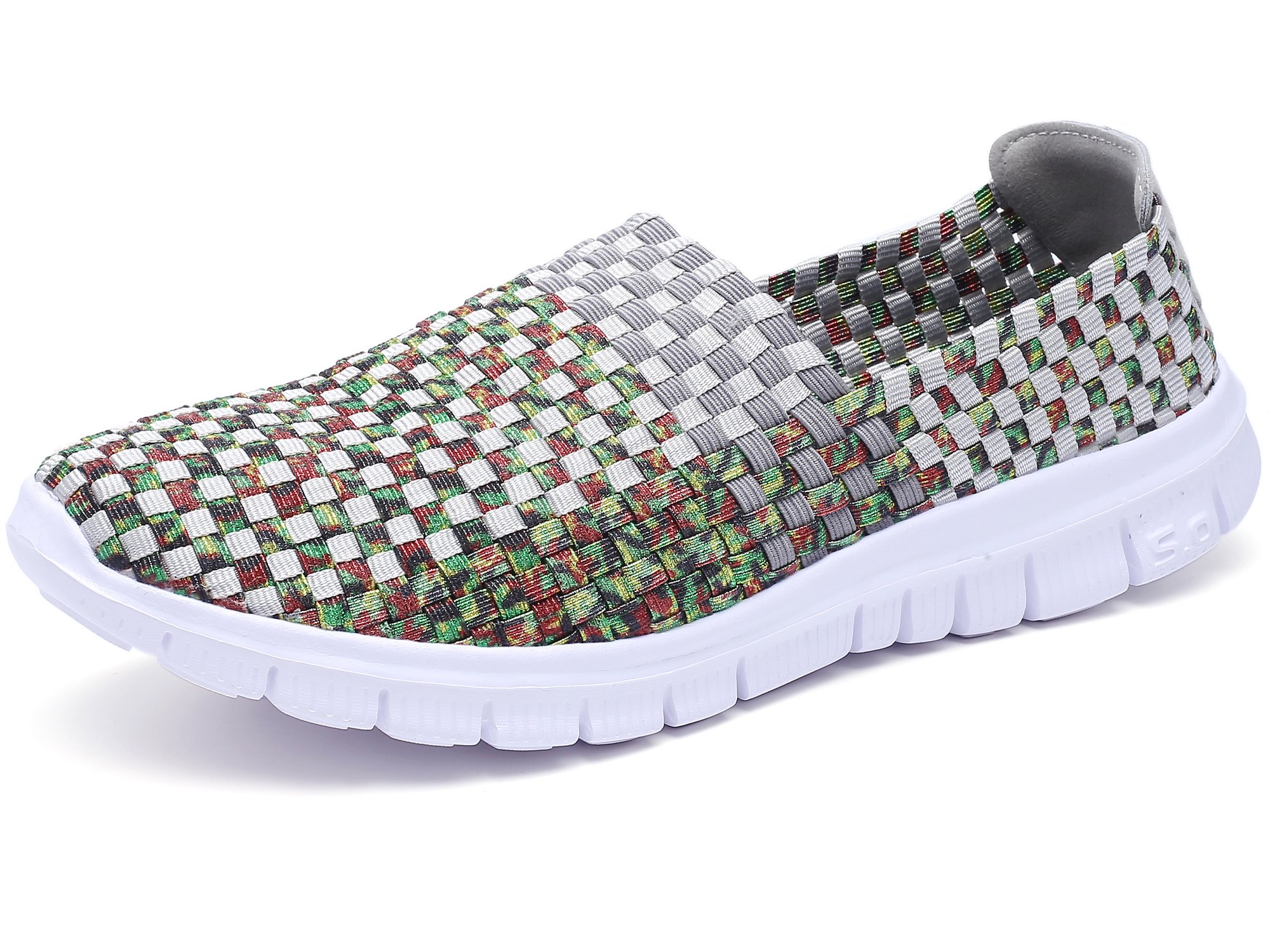 Women Multicolor Elasticized Fabric Casual Plaid Weave Flats Slip Walking Shoes