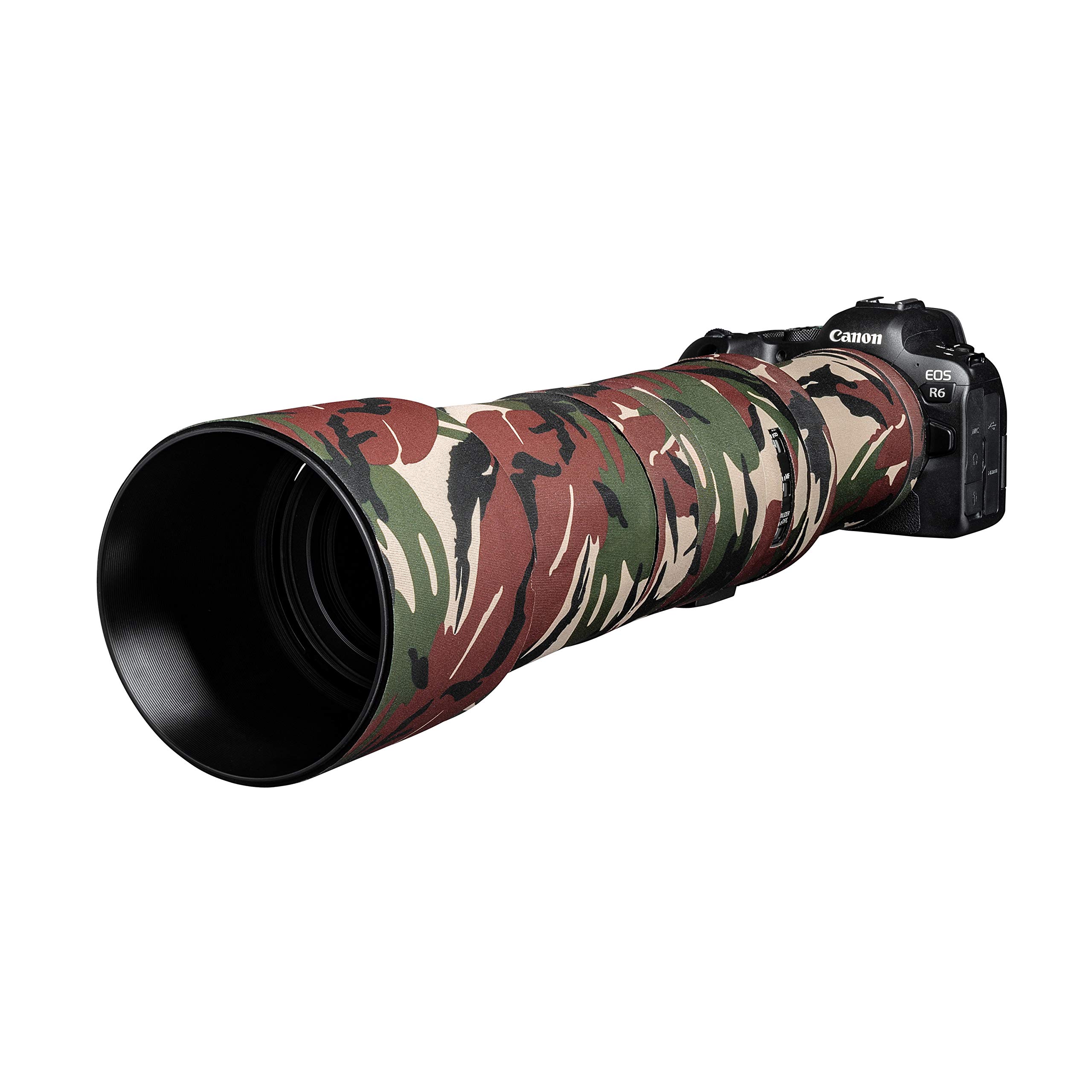 Here is the generated alt text:

protezione per obiettivi canon rf 800 in verde mimetico