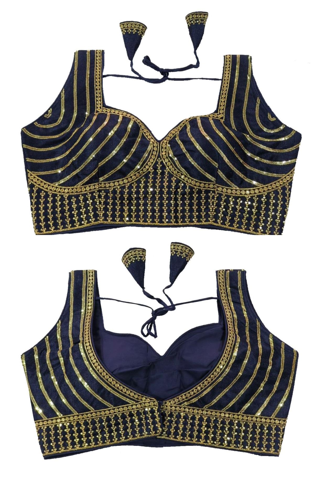 Vihu Fashion Women's Readymade Blouse Embroidery Multi Coding Gold Thread Indian Ethnic Designer Stitched Readymade Saree Sleeveless Navy Blue Blouse For Women For Saree Lehenga Choli