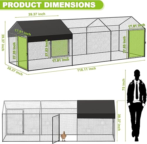 Miniatura 8 de Gallinero de metal grande para 10-12 pollos de 120 pulgadas de largo x 40 pulgadas de ancho x 40 pulgadas de alto, con cubierta y columpio, corral