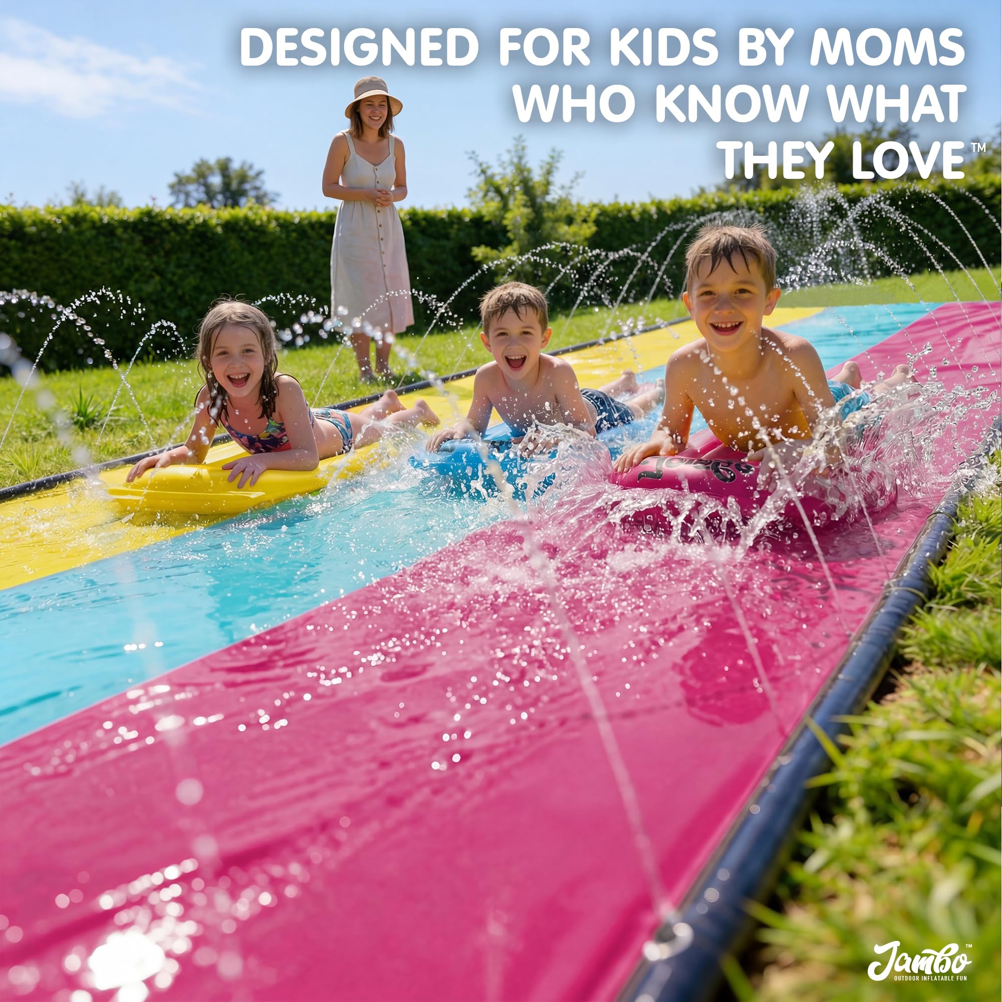 Jambo XL 20Ft Premium Slip Splash and Slide with 3 Bodyboards, Heavy Duty Water Slide- Advanced 3-Way Water Sprinkler System, Backyard Waterslide Outdoor Water Toys n Slides for Kids Splash Pad
