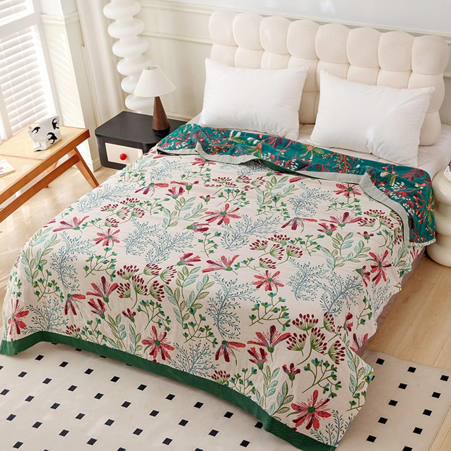 Boho Throw Blanket, 100% Cotton Ultra Soft Luxury Throw Rustic Quilt, Muslin Breathable Soft Bed Throw ，All Throw for Sofa Couch Chair 80x90 Inch