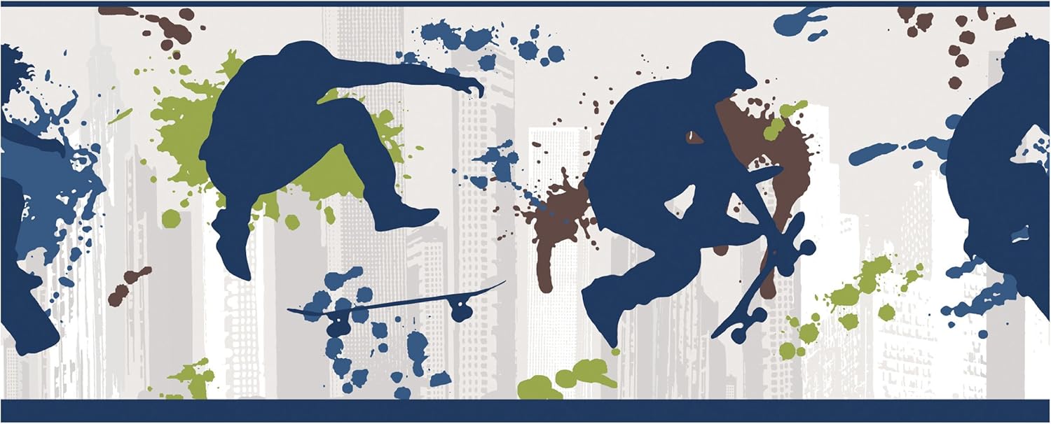 RoomMates York Wallcoverings Just Kids KD1823BD Skateboarder Borders, Blue