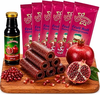 Anjoman Pomegranate Dried Fruit Roll Bar, 6 Rolls Pack with Pomegranate Sauce, Sour Paste 280g & Healthy Intense Flavor Snacks
