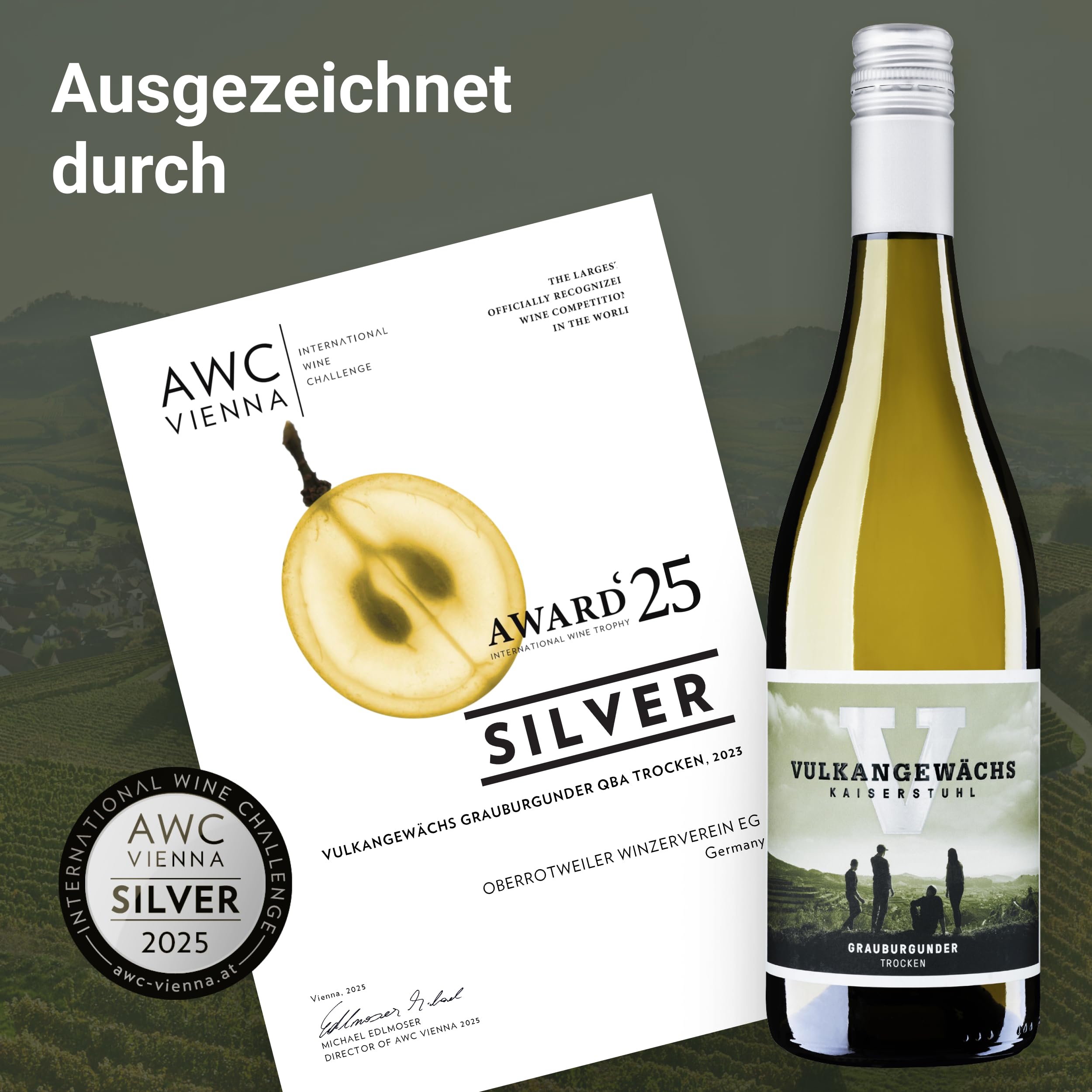 Vulkangewächs Kaiserstuhl Grauburgunder QbA trocken - SILBER 2026 AWC Vienna - Weißwein trocken mit zarten Fruchtaromen nach Pfirsich, Apfel & Zitrus - Badischer Wein (6 x 0,75 l)