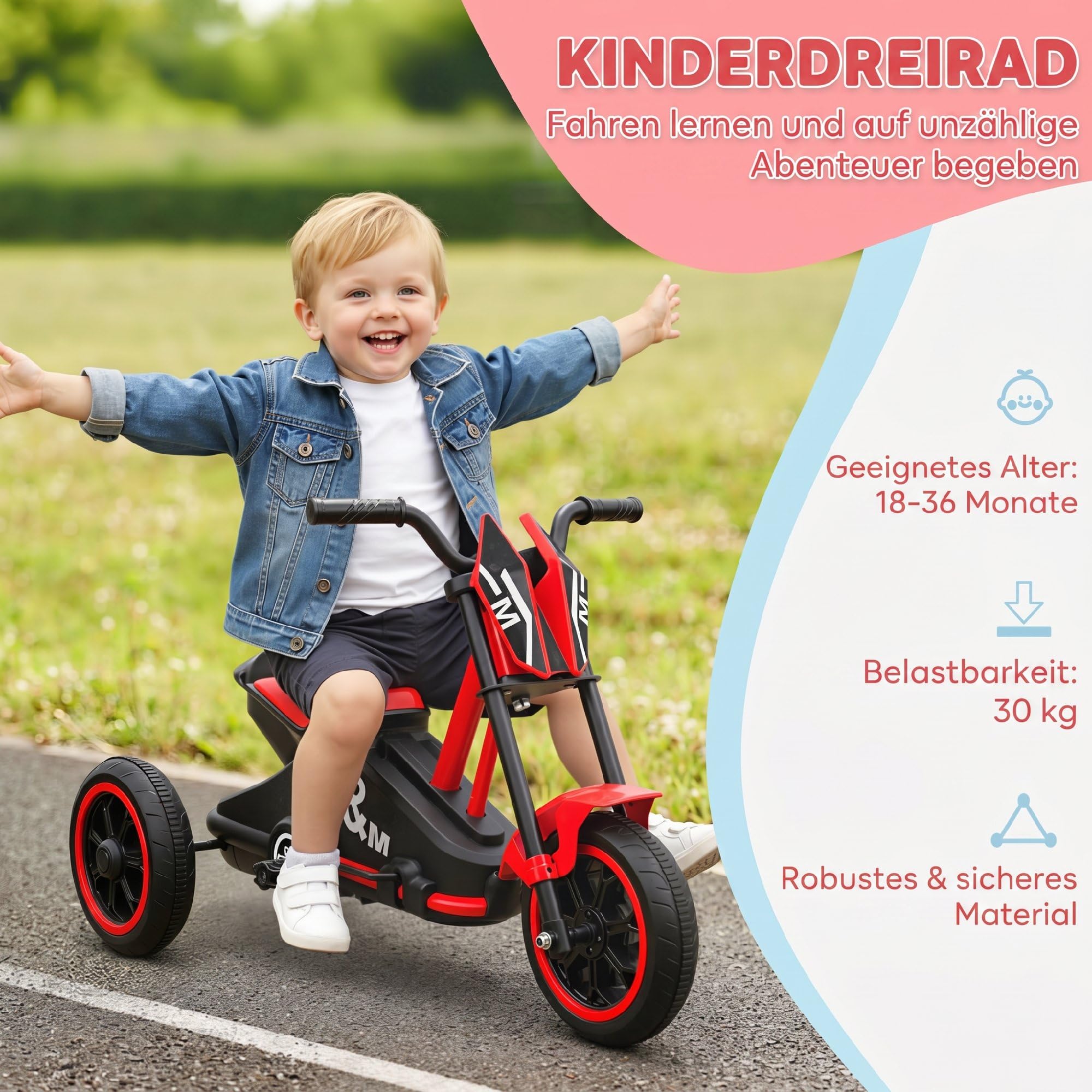 AIYAPLAY Dreirad Kinderfahrrad mit Pedal für Kinder 18-36 Monaten Rot