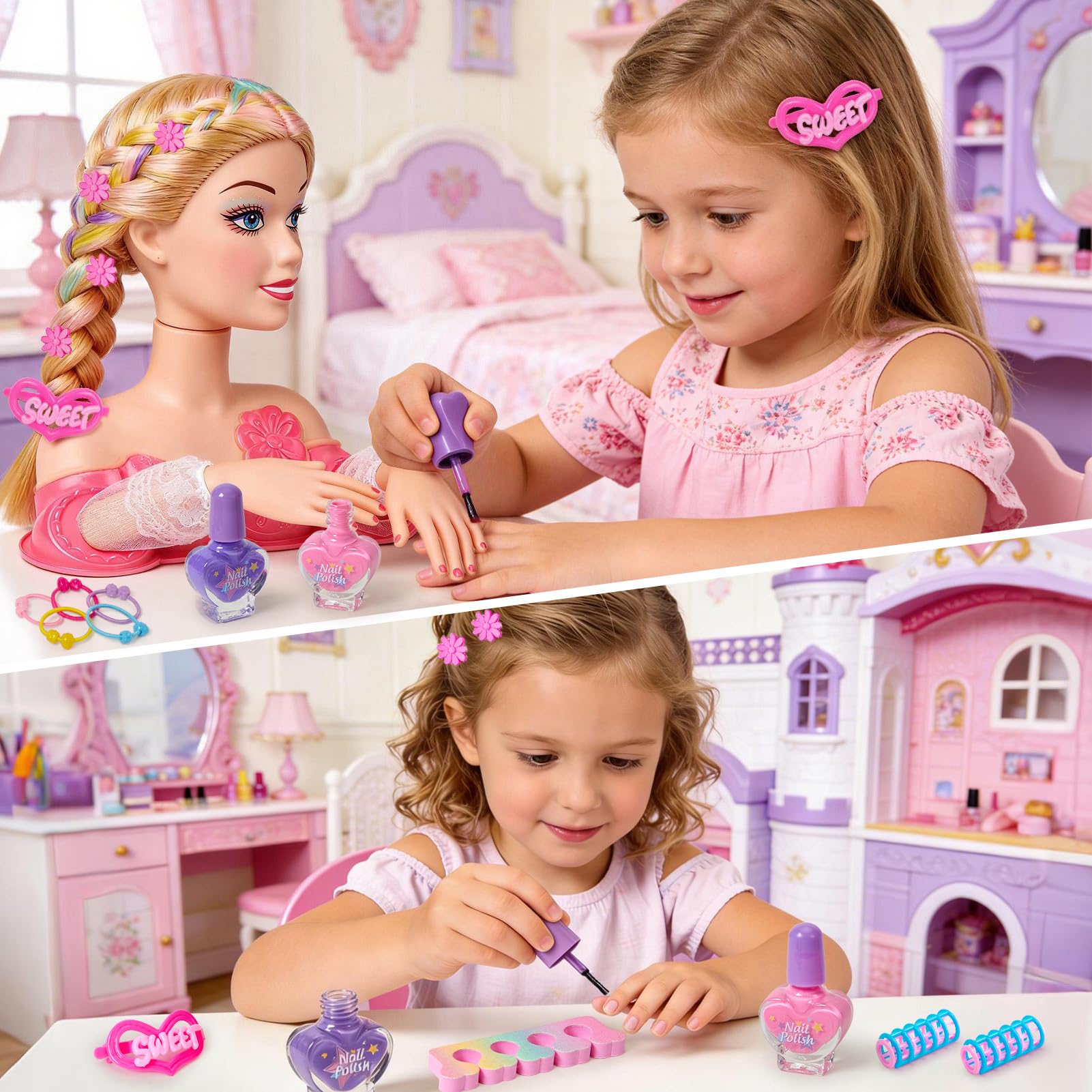 vamei Testa Bambola da Truccare e Pettinare, Set Parrucchiera con Asciugacapelli Smalto Unghie Trucchi e Accessori per Capelli, Giocattoli Salone Giochi Bambini Regalo Bambina 3 4 5 6 7 8 Anni