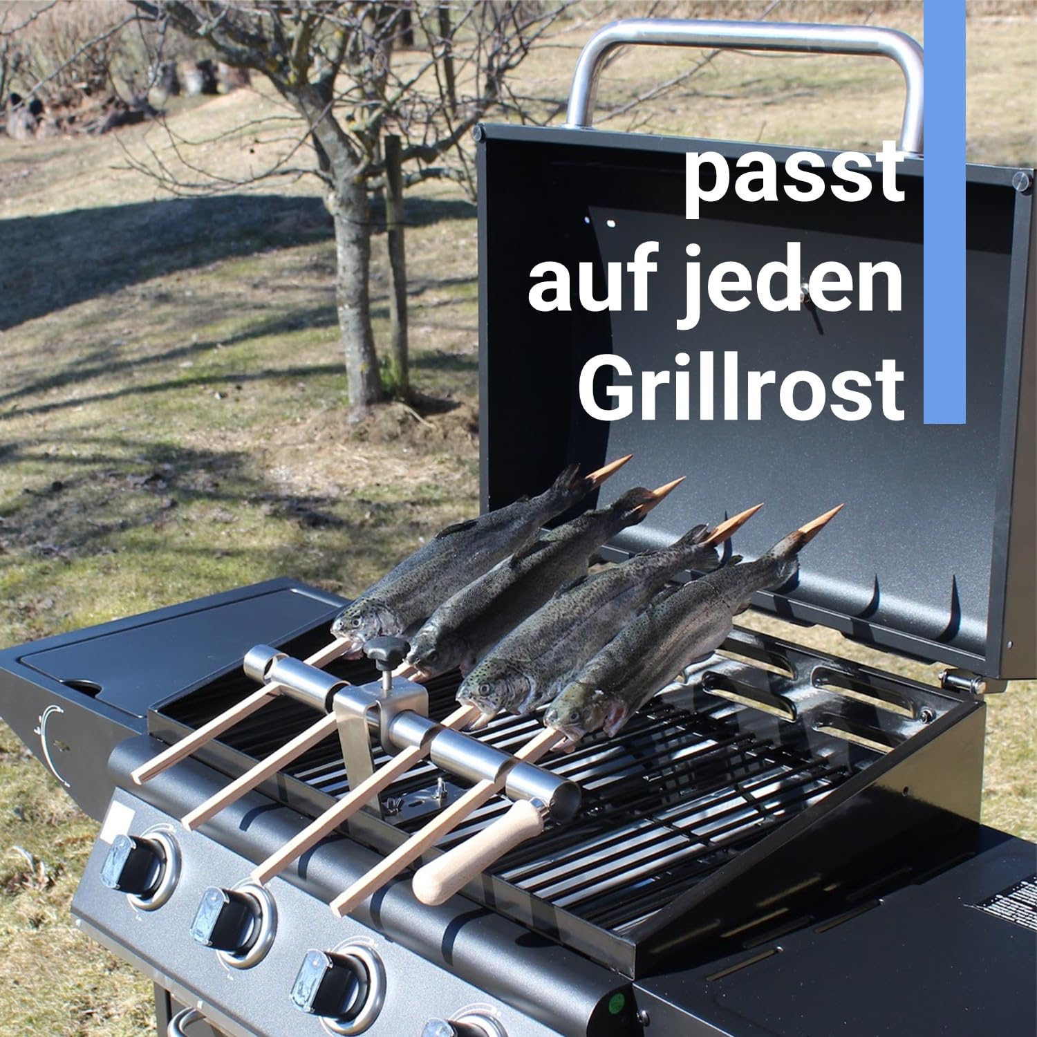 Steckerlfisch Halter 4 Buchenholzspieße für Gas- & Kohlegrill