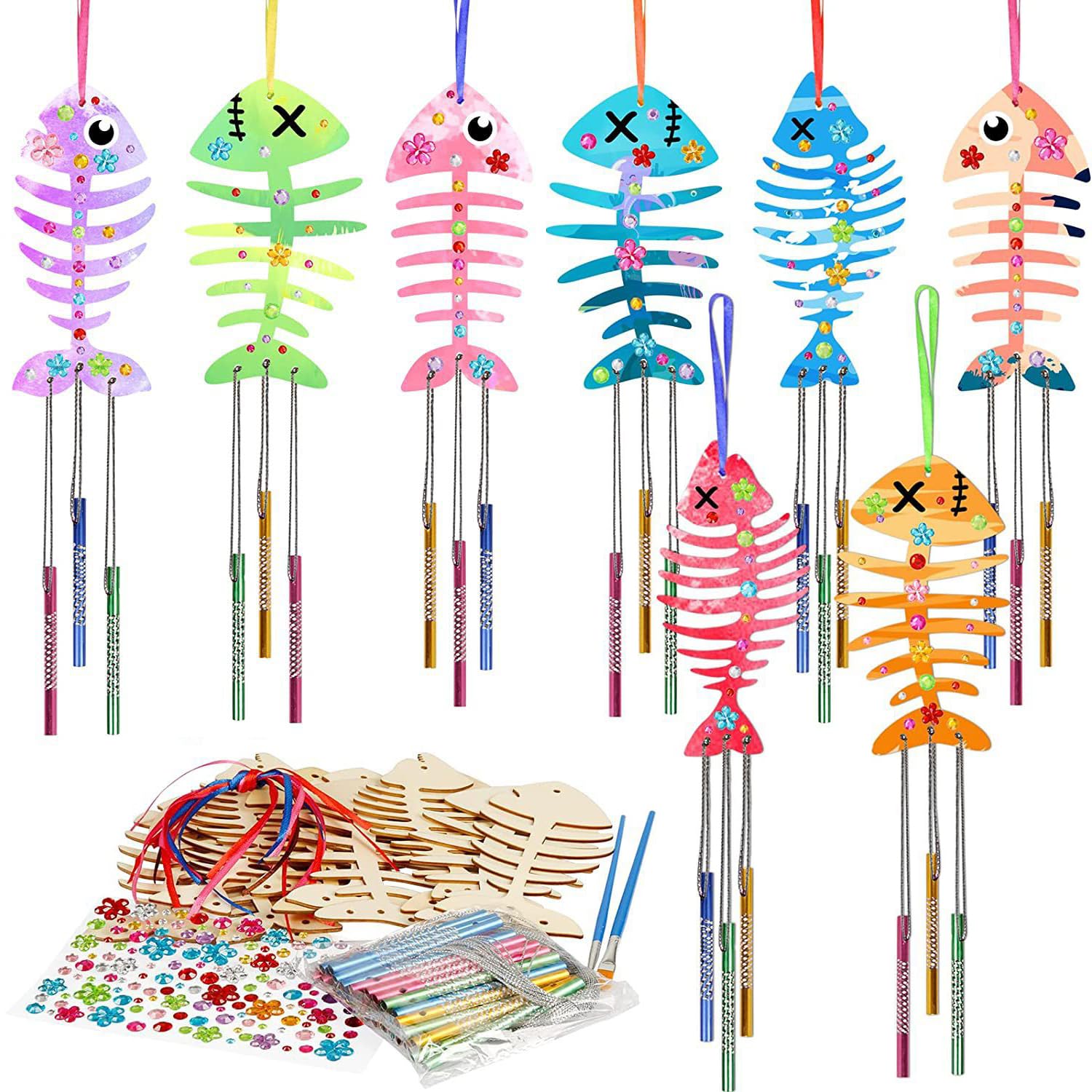 Masroo 12 Pack Wind Chime Kit Spring Craft for Kids Wooden Arts and Crafts Make Your Own Fish Wind Chime Ornaments DIY Coloring for Girls Boys Birthday Party Supplies