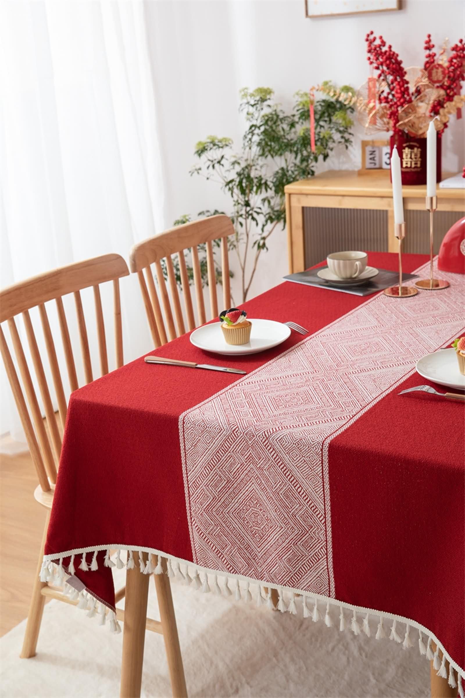 Mantel Lavable Rectangular Rojo Mesa, Patrón de Geométrico con Borlas, de Poliéster Fácil de Limpiar, 140 x 220 cm, Mantel para Restaurante