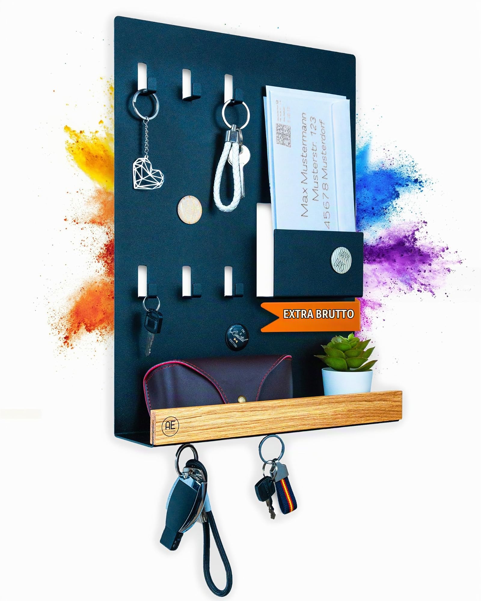 Schlüsselbrett Holz - Schlüsselhalter Schwarz Stahl - Schlüsselboard Eiche - Schlüssel Organizer mit Ablage - Schlüsselanhänger - Schlüsselkasten -Wandorganizer - Schlüsselleiste (Schwarz)