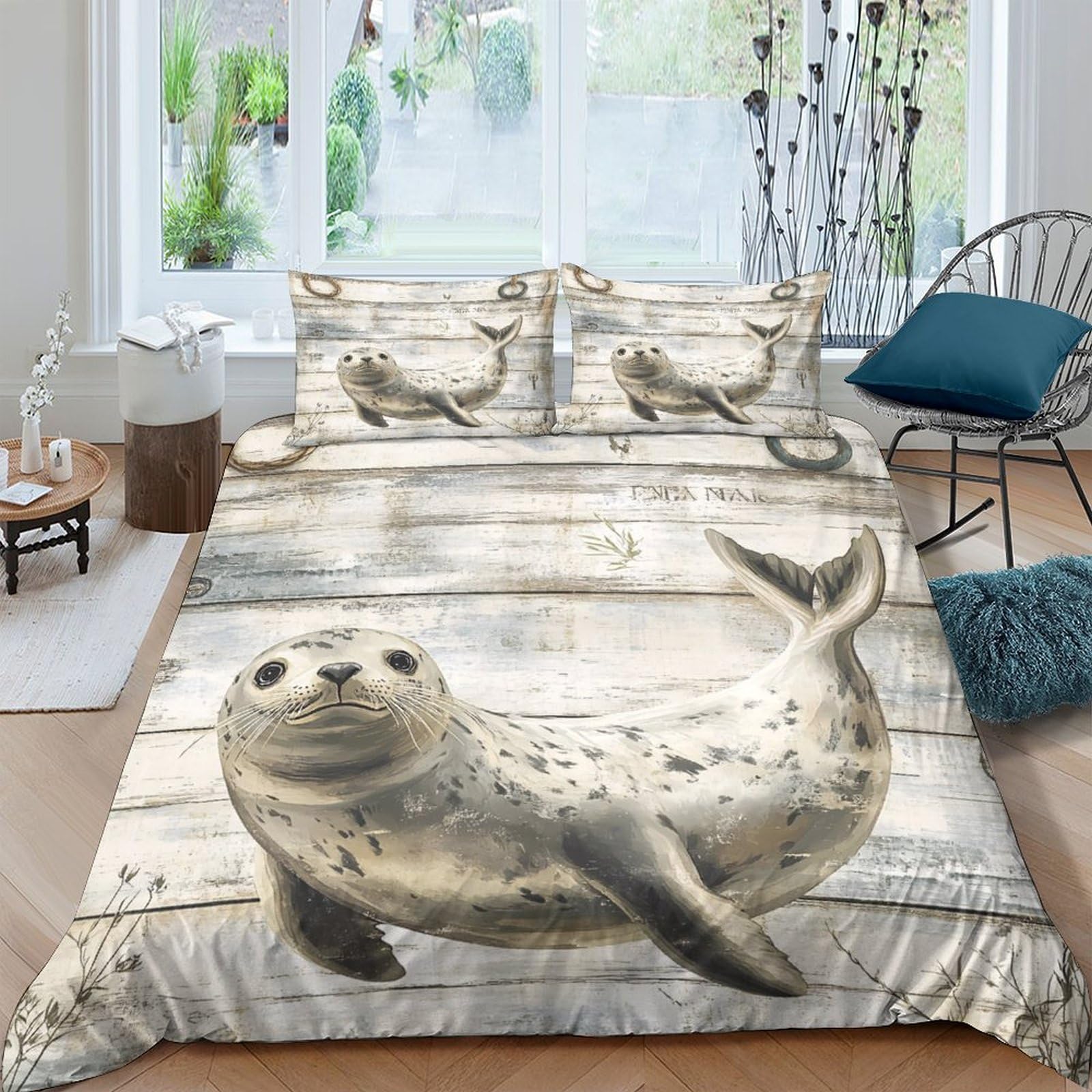 Ctjqhvkz Style-4 3D Printed Seal Ocean Fitted Sheet Microfiber Soft Anti-Slip Coastal Beach Mattress Cover For Bedroom Guest Room Single（135X200cm）