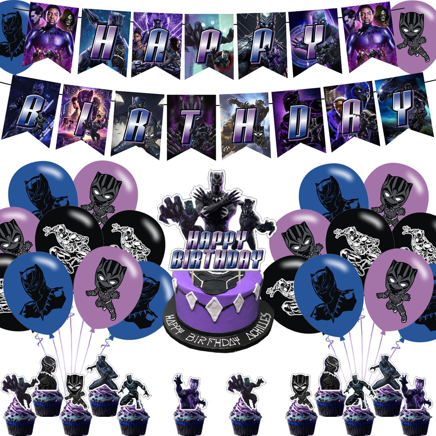 Panther of Black Party Decorations,Birthday Party Supplies For Panther of Black Party Supplies Includes Banner-Cake Topper-12 Cupcake Toppers - 18 Balloons