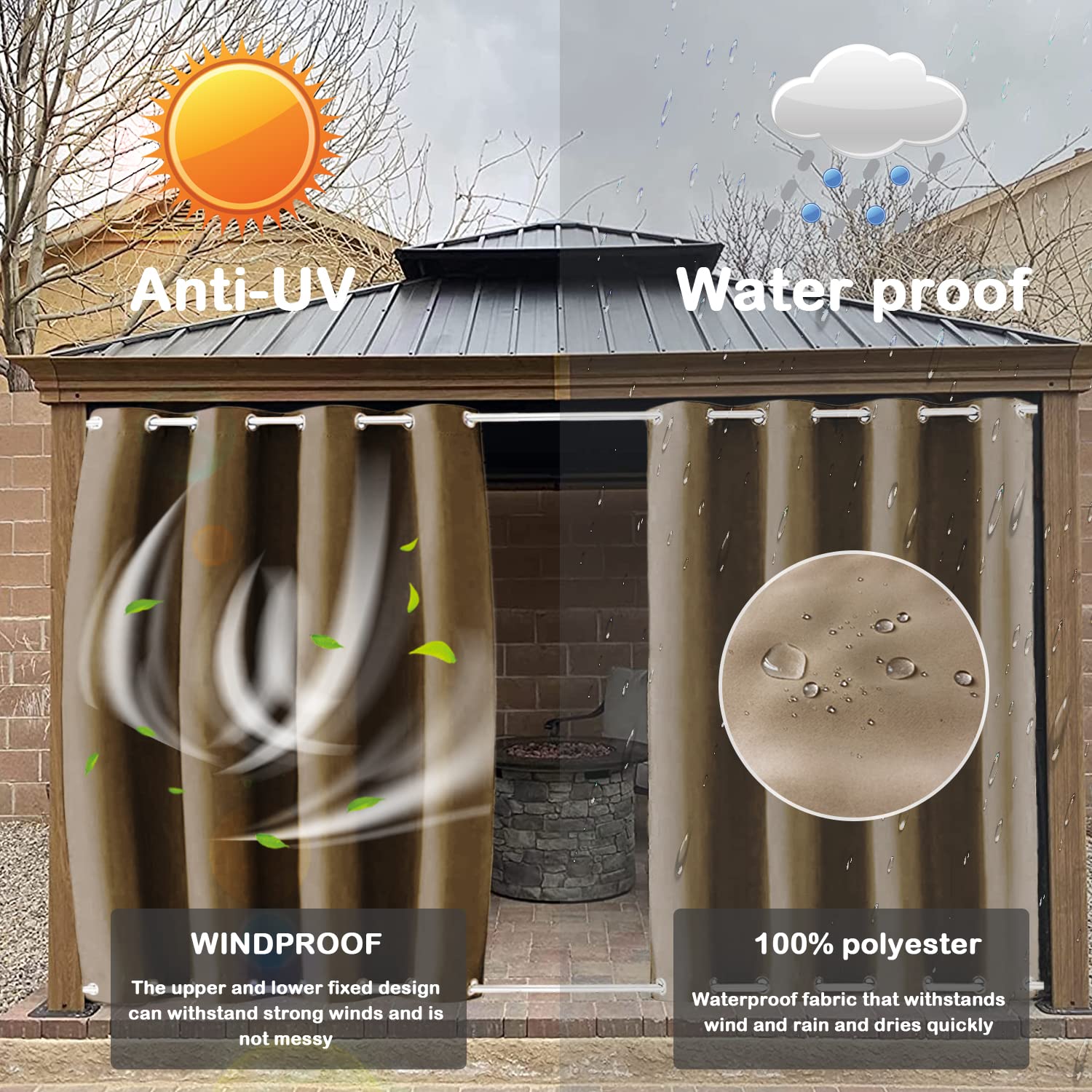 Outdoor Vorhänge Wasserdicht 230x800, Wasserdicht Verdunkelungsvorhang, Winddicht Wasserabweisend Sonnenschutz mit rostfreier Öse für Balkon Terrasse Veranda Pergola Gartenlaube - Khaki