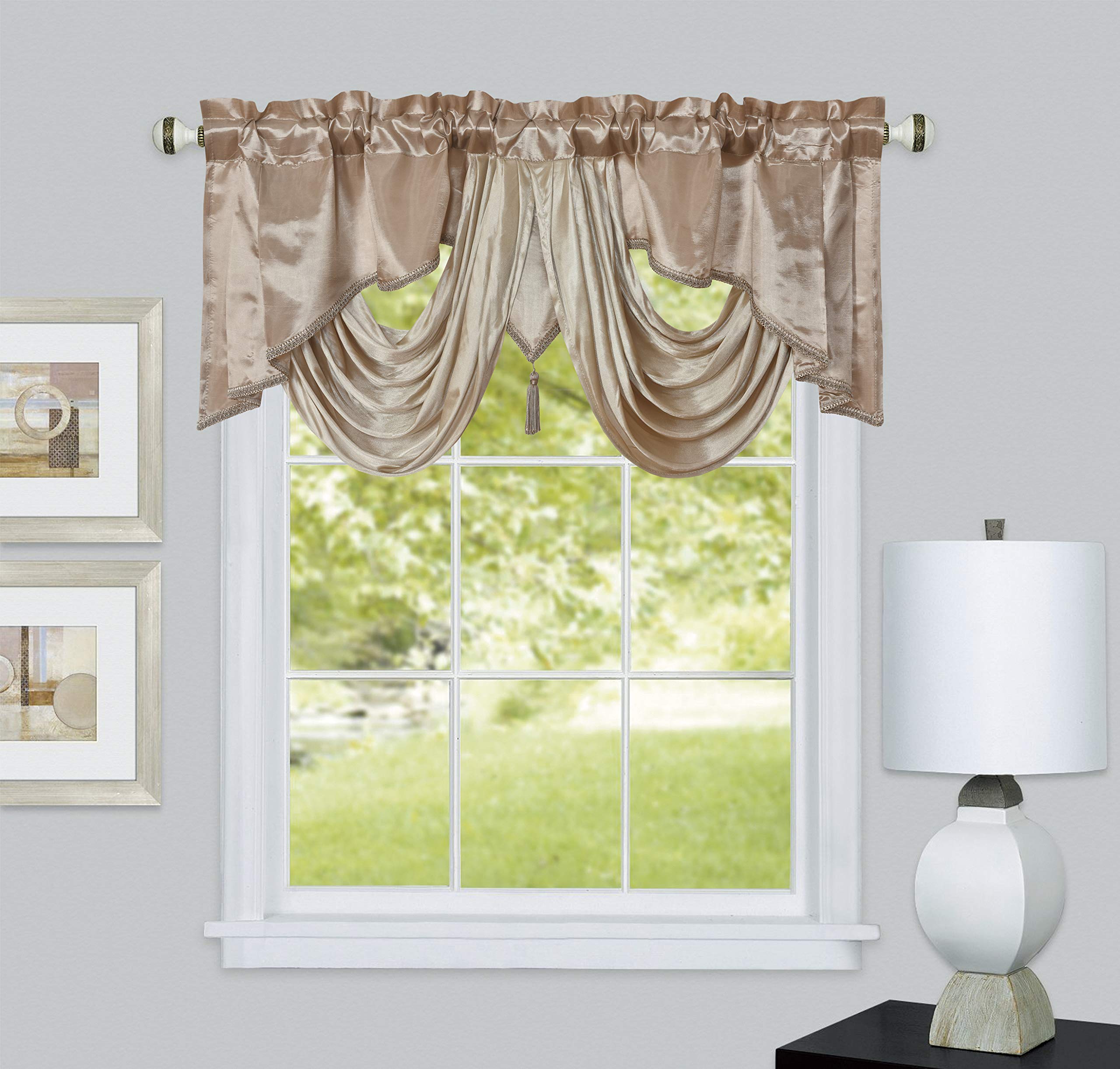 GOHD Valarie Fancy Window Valance. 54 x 18. Taffeta Fabric with Soft Satin Swag. Add Some Royal luxruy Accent to Your Home. (Sand)