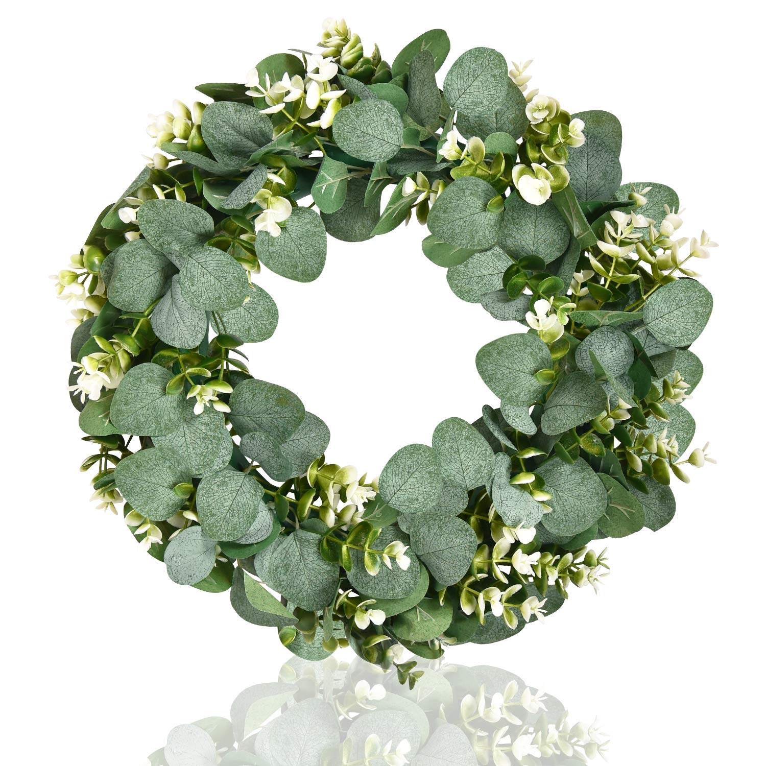 Martine Mall Artificial Eucalyptus Wreath Eucalyptus Leaves Wreath with Flowers Green Leaf Wreath Year Round Front Door Hanger Wall Window Party Festival Wedding Décor pack of 1 Green