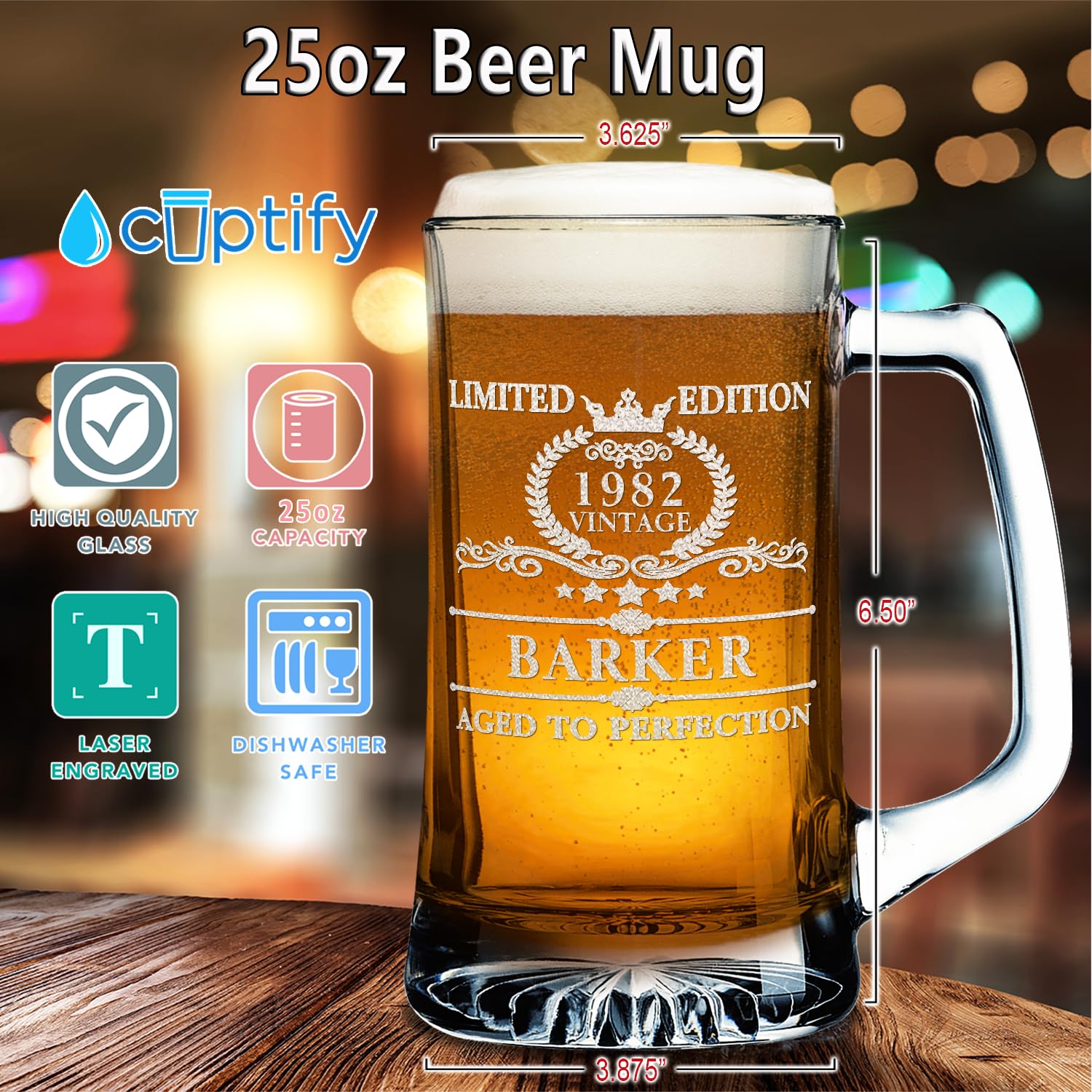 Cuptify Personalized Beer Glass 43rd Birthday Vintage 43 Years Old 1982 Etched 25 oz Glass Beer Mug Drinking Glasses for Men and Women