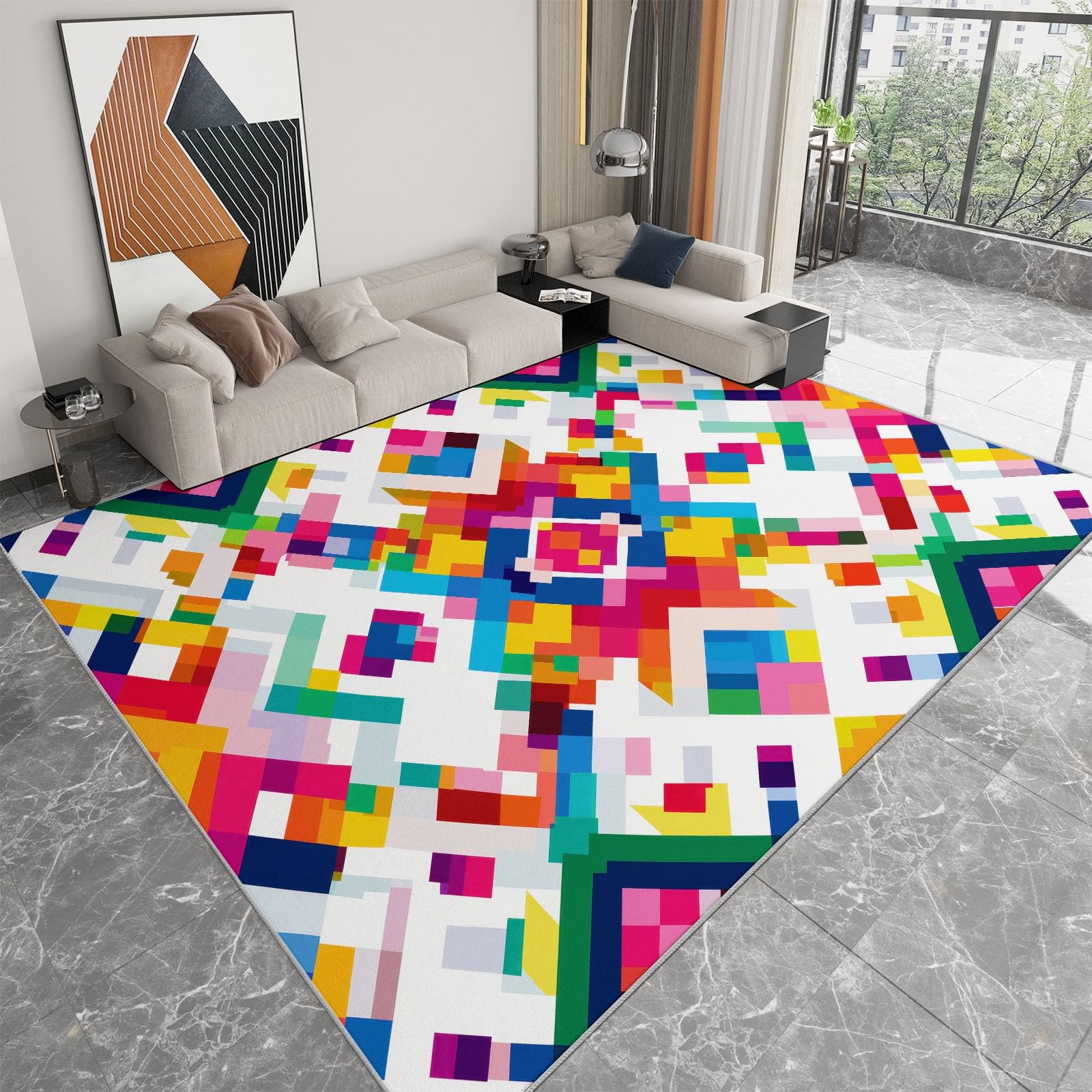 Tappeto Moderno Lavabile 120 x 170 cm Multicolore, Tappeto Antiscivolo Morbido Azteco Geometrico Motivo a Rombi per Soggiorno Camera da Letto - Adatto a Bambini e Animali Domestici Sala Giochi