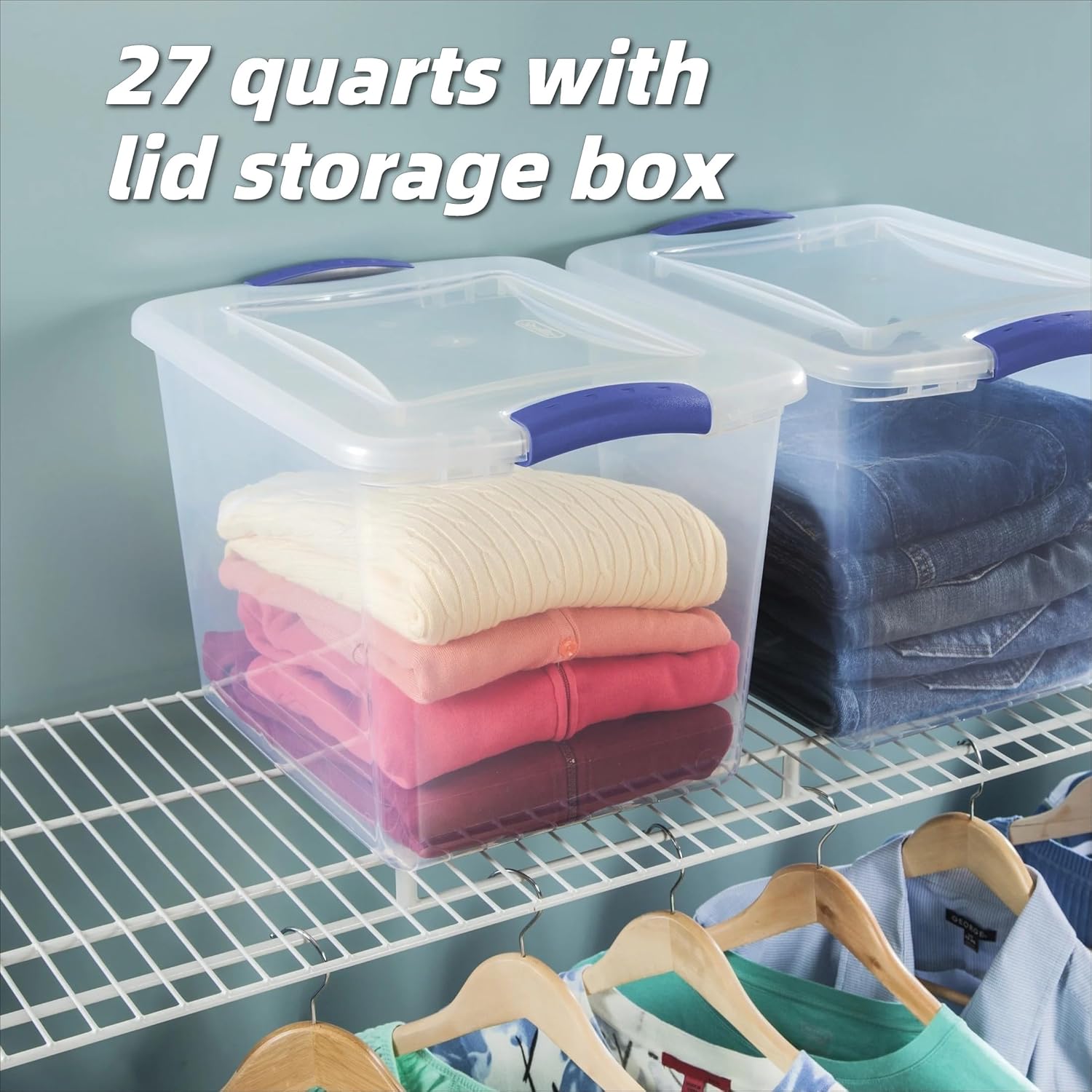 (2 pack) 27 Quart Clear Latching Storage Bin with Lid, Stackable Plastic Container for Shelves, Closet & Craft Storage