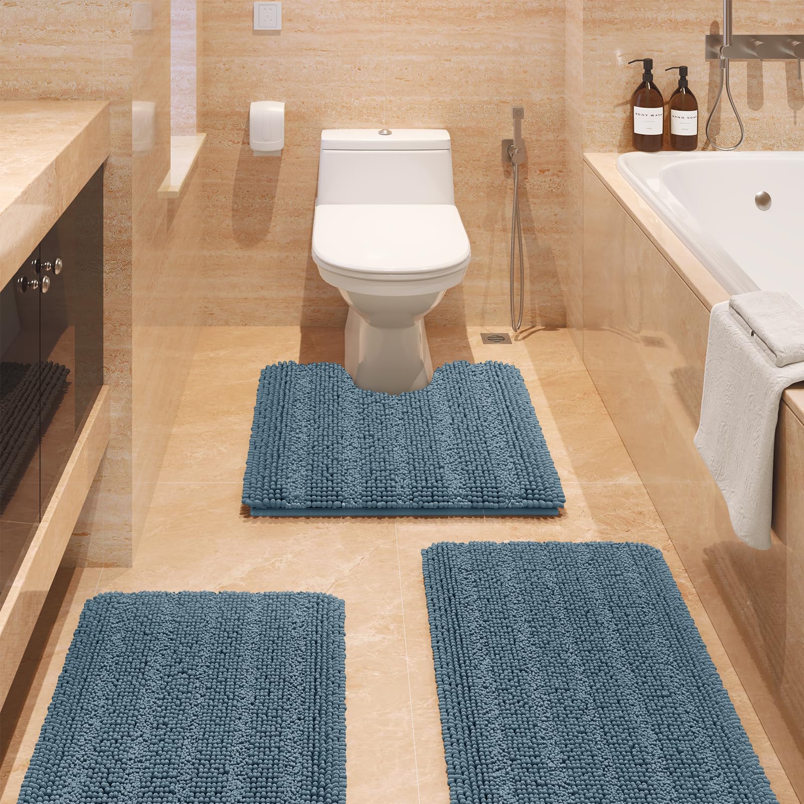 Striped Haze Blue Bathroom Rug Set 3 Pieces Ultra Soft, Non Slip Chenille Bath Carpet, Absorbent Plush Shaggy Bath Mats for Bathroom, Toilet, Bedroom,