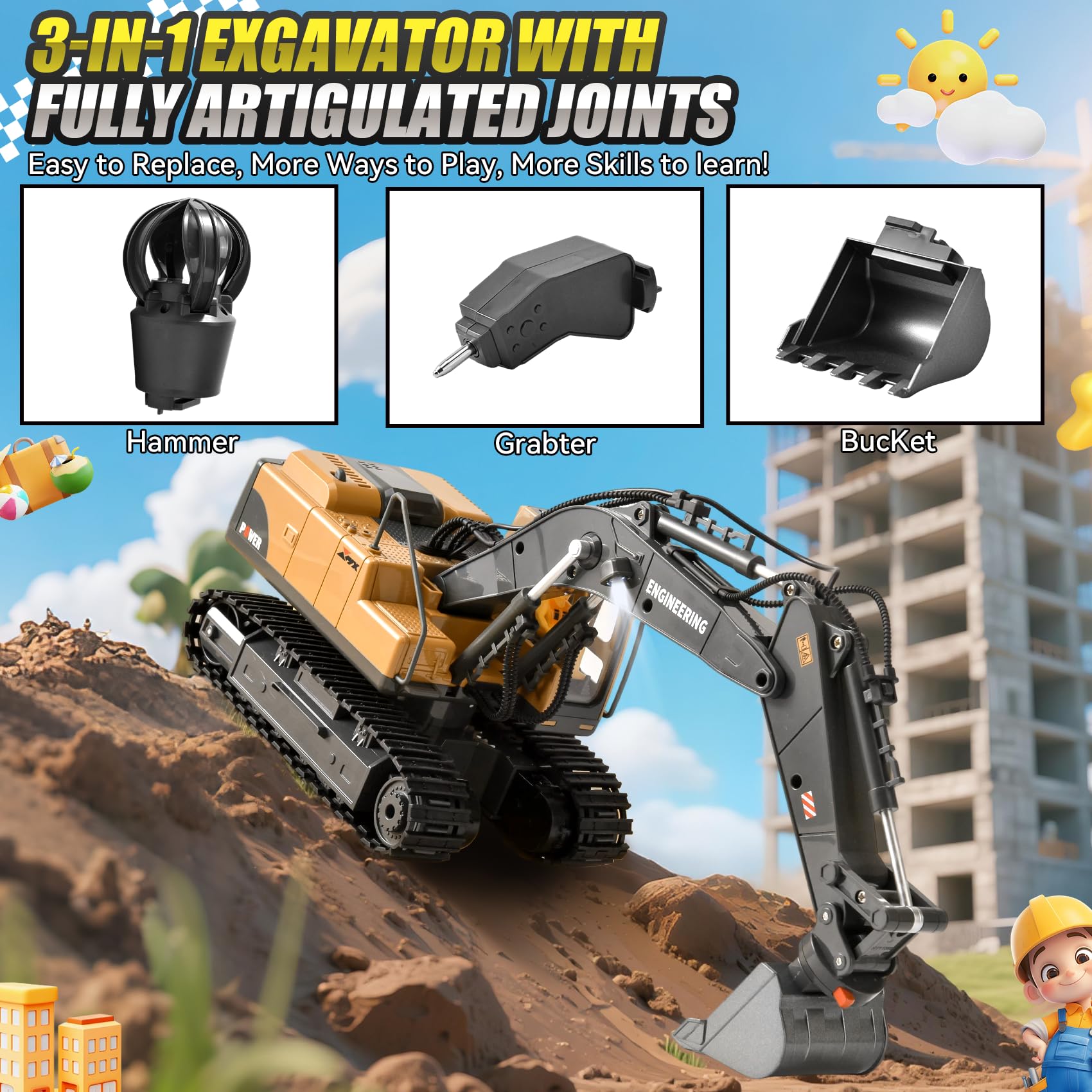 Excavadora RC 3 en 1 Radiocontrol con Cuchara Metálica Garra y Taladro 2.4GHz 14 Canales Rotación 680° Luces LED y 2 Baterías Juguete de Construcción Regalo para Niños 3-12 Años