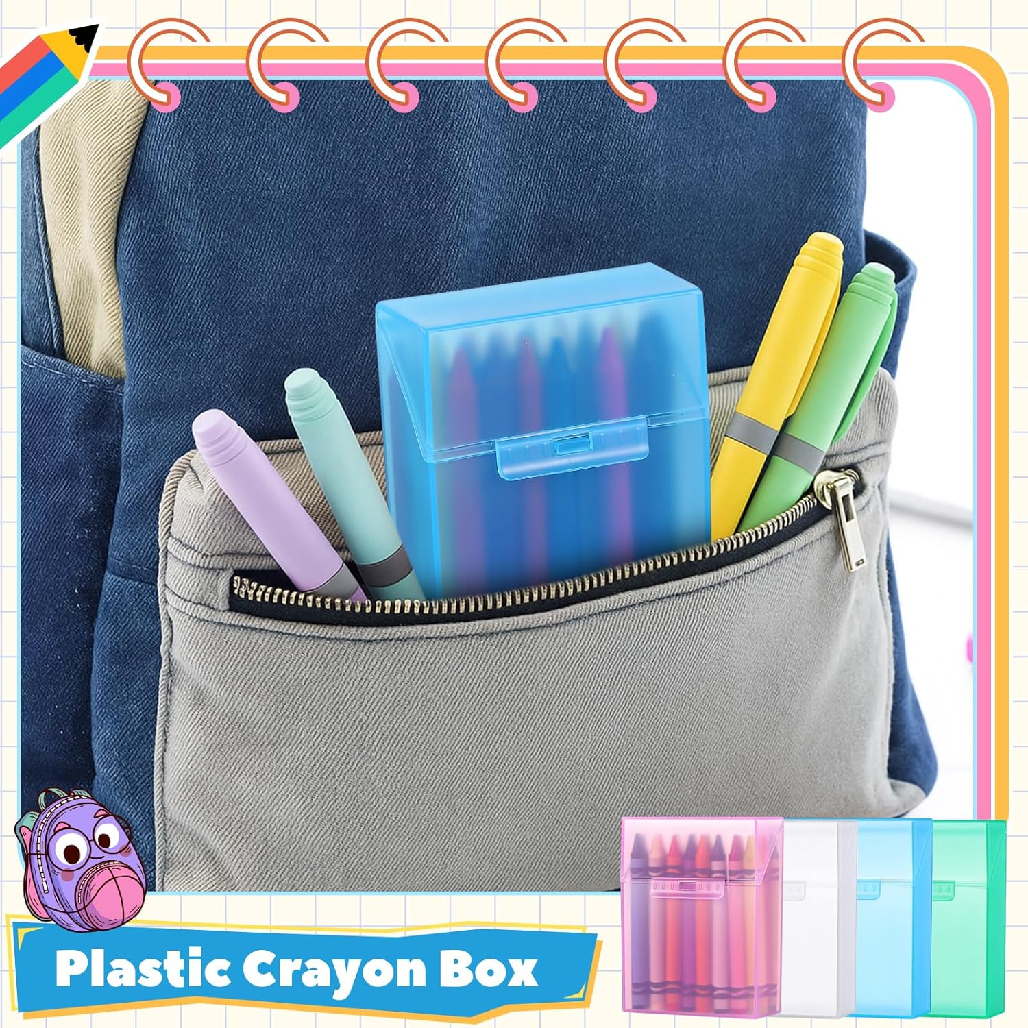 Clabby Plastic Clear Crayon Box Bulk Holds 24 Crayons Boxes With Hinged Lid and Snap Closure for Pens School Office Supplies Organization(Pink, Blue, Green, Clear,24 Pcs)