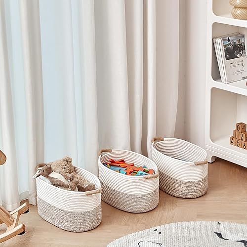 Miniatura 6 de Cestas de almacenamiento para organizar, paquete de 3, contenedor de guardería de 15 x 10.2 x 9.1 pulgadas con asas, cestas de cuerda de algodón