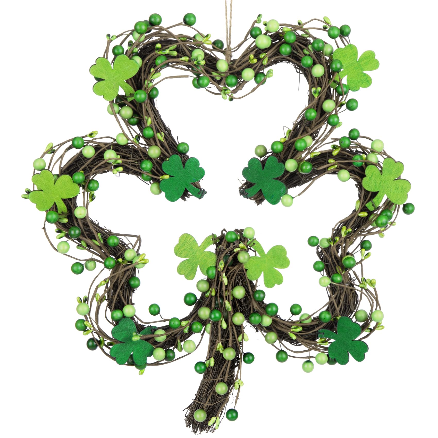 St Patricks Day Wreaths for Front Door, Artificial Shamrock Wreath Wood Lucky Clover Door Decorations with Green Berries for Spring Wall Mantel Window Home Party Decor