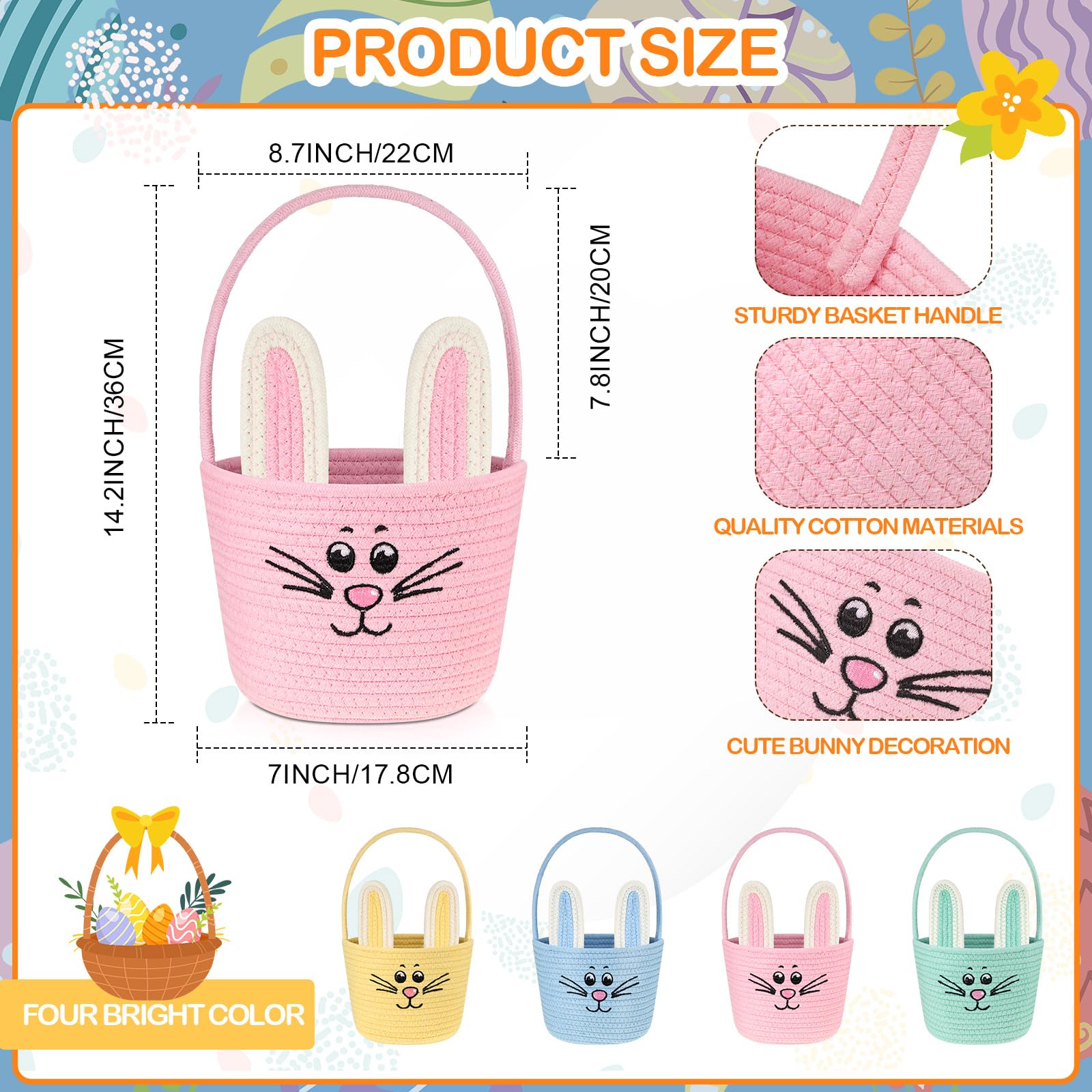 Woven Easter Baskets Bunny Woven Baskets with Handles Easter Eggs Hunt Baskets Rabbit Cotton Rope Basket Baby's First Easter Basket Gift for Toddler Boys Girls(Macaron Pink)