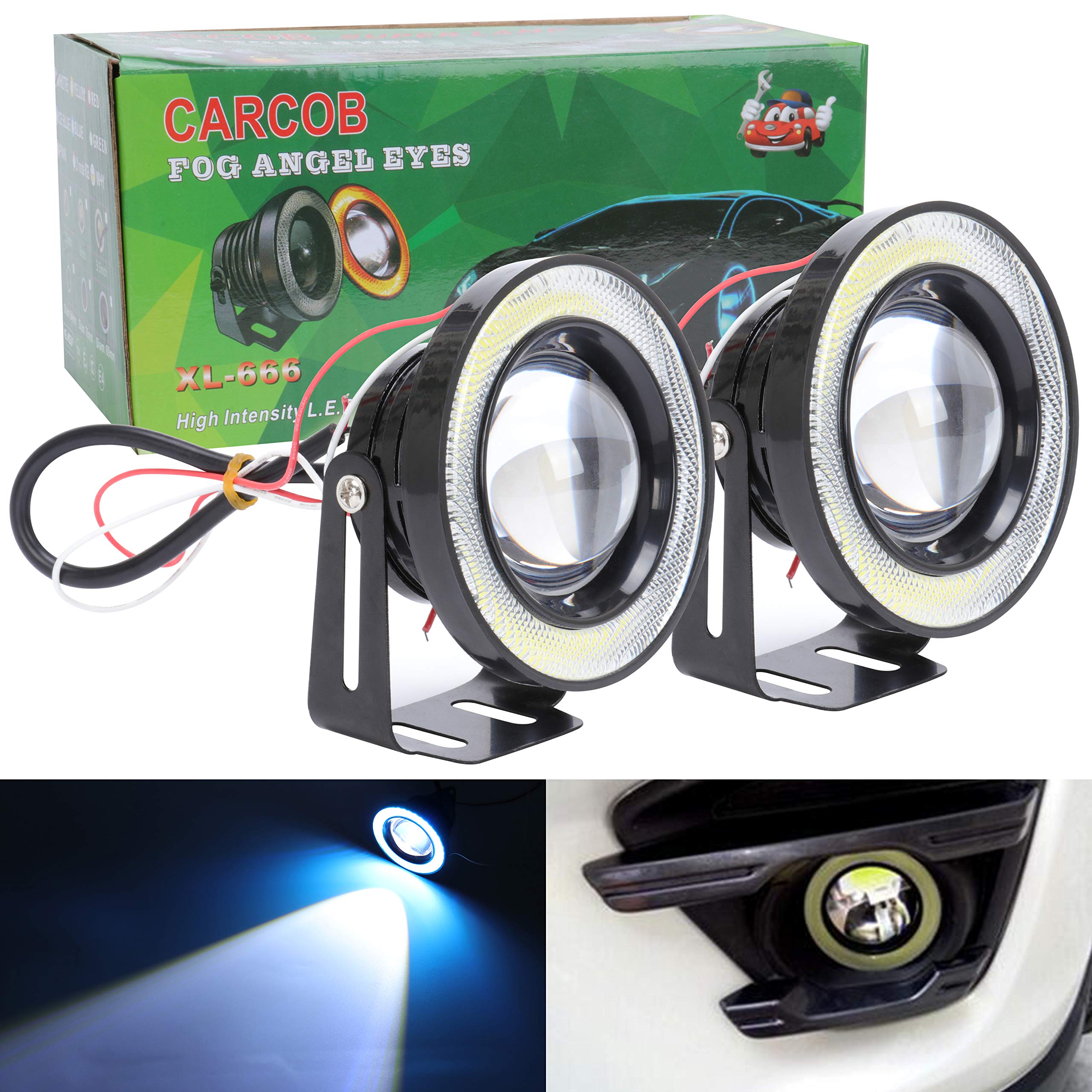 TABEN 3200LM High Power 2.5" Projector Universal White LED Fog Light COB Ice Blue Halo Angel Eye Rings DRL Driving Bulbs DC 12V