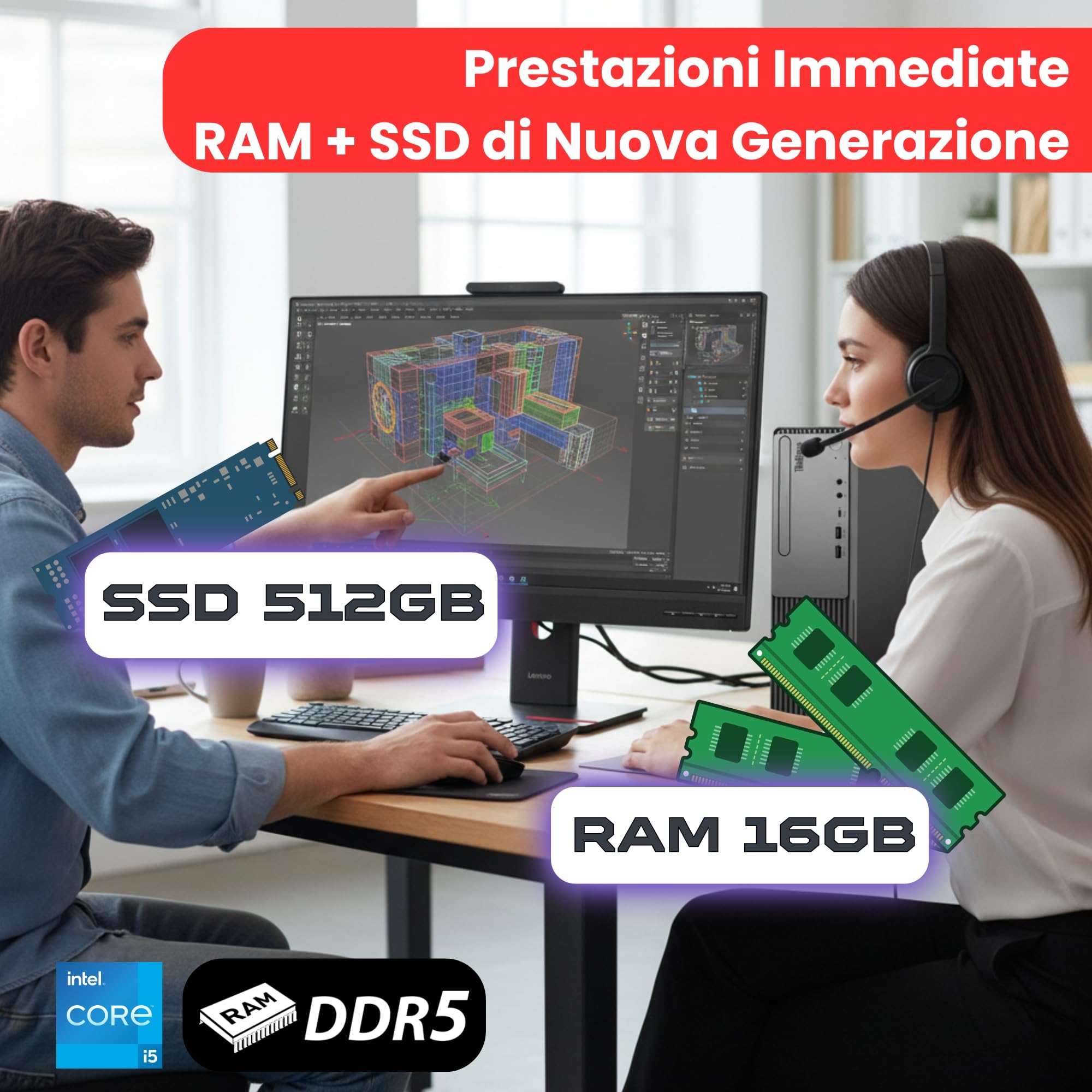 Lenovo PC Completo Business e Office Neo 30s Gen 5 SFF | Intel Core i5-13420H | 16GB RAM DDR5 | SSD 512GB Nvme HDMI + Monitor ThinkVision 24" VoIP con Webcam, Audio e Microfono – Windows 11 Pro