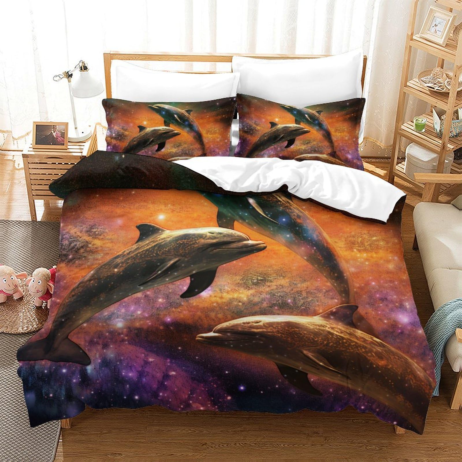 Parure de lit facile d'entretien pour lit King size motif dauphin apaisant