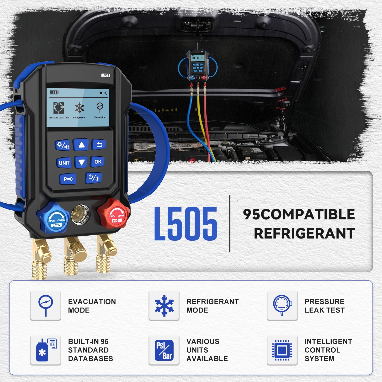 BELEY L505 Manometros Aire Acondicionado para 95 Refrigerantes, Juego de Manómetros Digitales Con Pantalla de 2,8 Pulgadas, Vacuometro Digital apto para Doméstico, Comercial, Auto HVAC