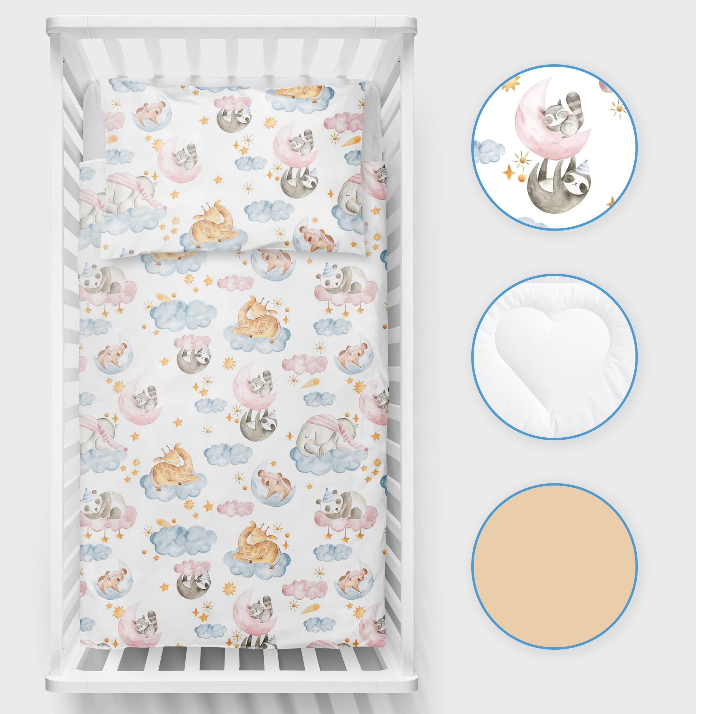 Baby Comfort Juego de Ropa de Cama de 5 Piezas con Funda nórdica y sábana de algodón para Cuna de 120 x 60 cm (Animales en Nubes) (12 Meses+)