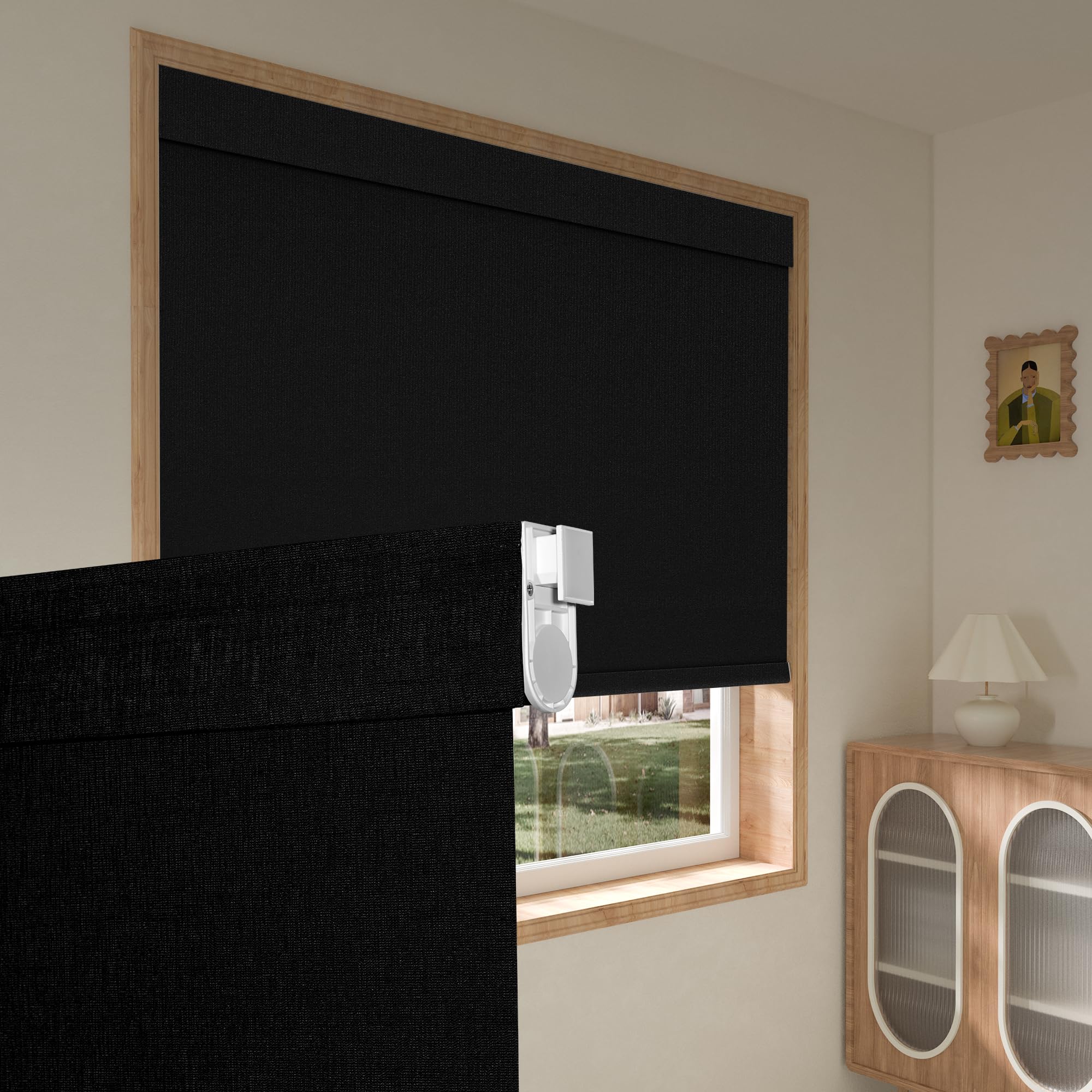 Boolegon No Drill No Tools Roller Shades for Windows, Blackout Linen Fabric, Cordless Roller Blinds,Thermal Insulated UV Protection Window Shades for